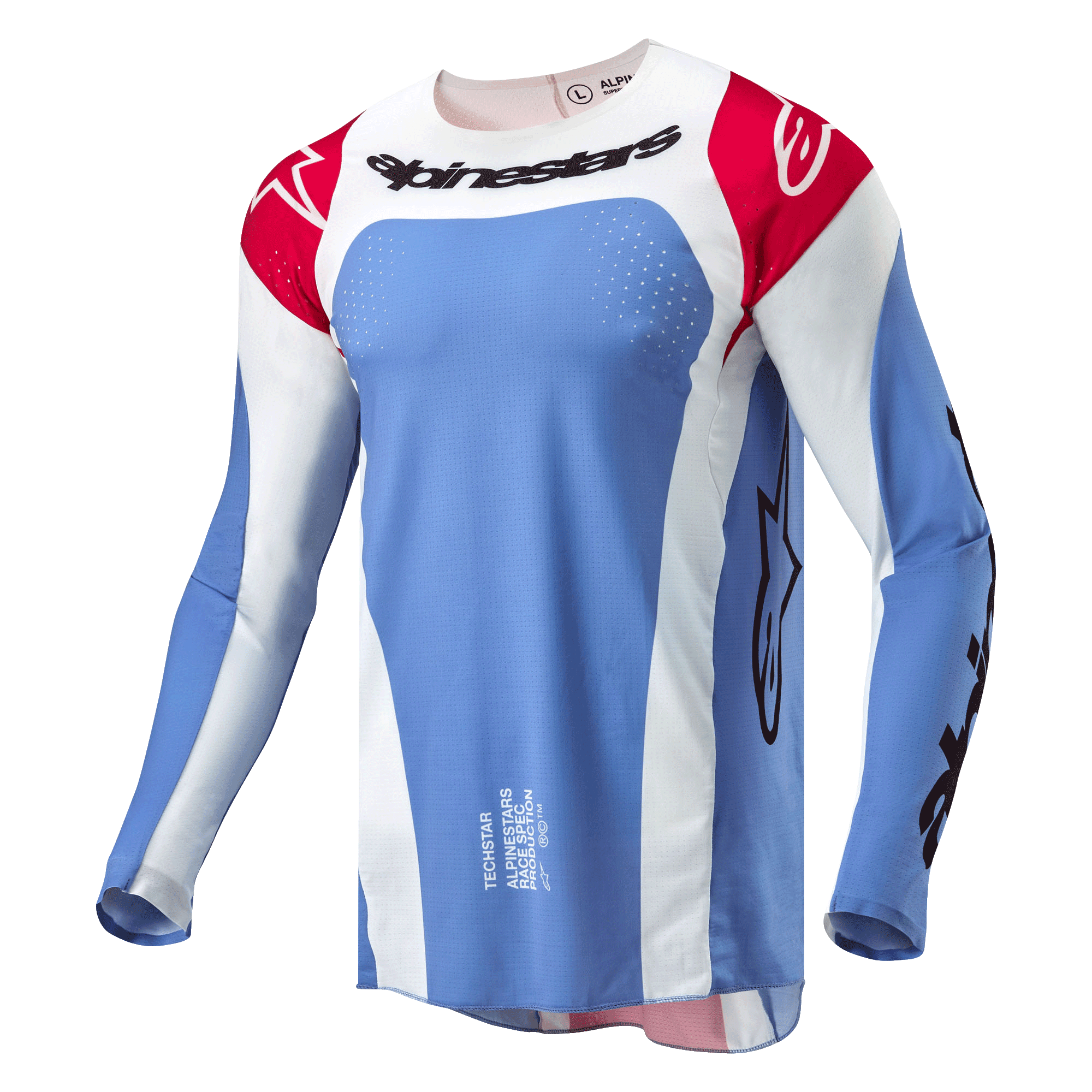 Alpinestars 2024 Techstar Ocuri Jersey, maglia da motocross, azzurro, rosso Marte e bianco, con scritta Alpinestars nera sul petto, spalle rosse con loghi bianchi e perforazioni tagliate al laser per la ventilazione