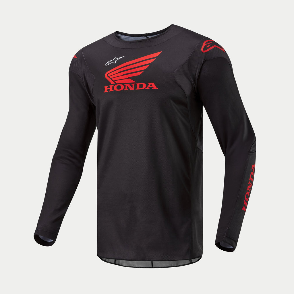 Alpinestars Maglia Honda Racer Iconic, maglia da motocross a maniche lunghe nera e rossa con logo Honda ufficiale, abbigliamento off-road leggero e traspirante