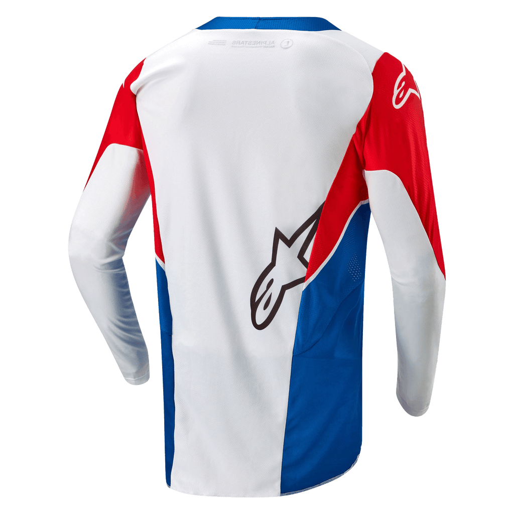 Alpinestars Maglia Honda Racer Iconic, maglia da motocross off-road, bianca, blu brillante e rosso brillante, vista posteriore con orlo allungato e struttura leggera traspirante