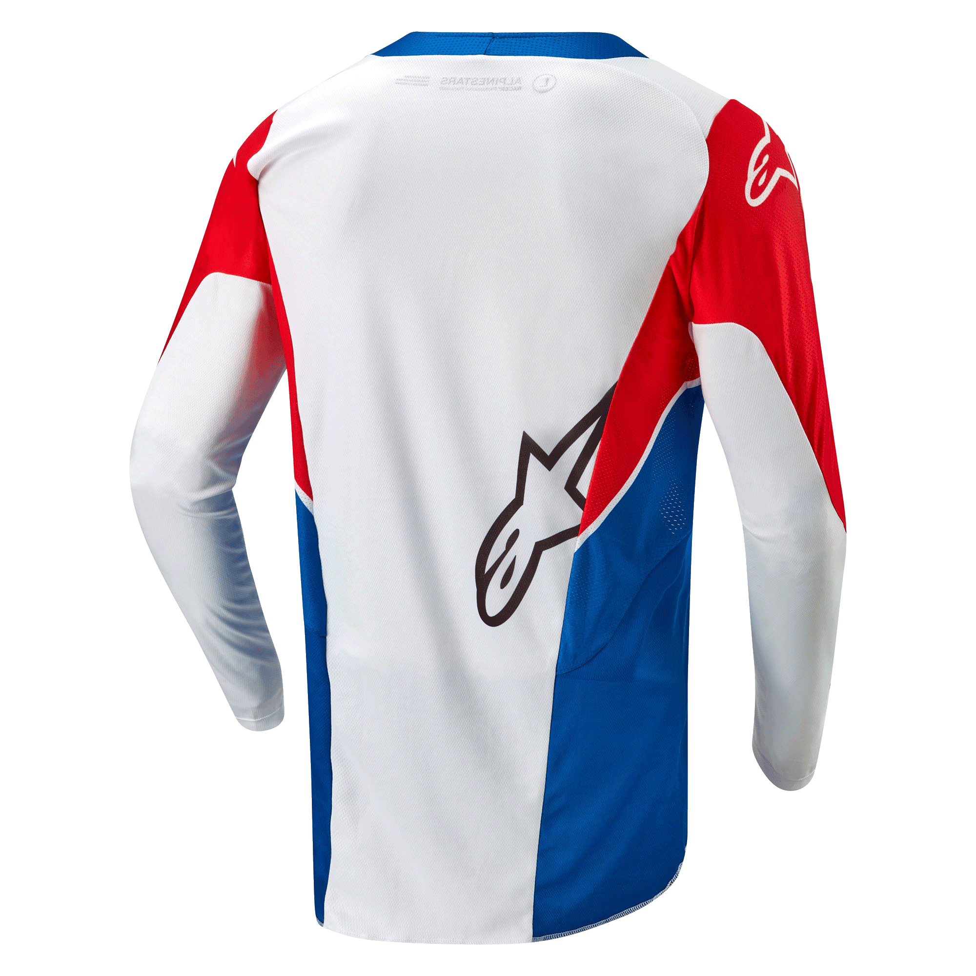 Alpinestars Maglia Honda Racer Iconic, maglia da motocross off-road, bianca, blu brillante e rosso brillante, vista posteriore con orlo allungato e struttura leggera traspirante