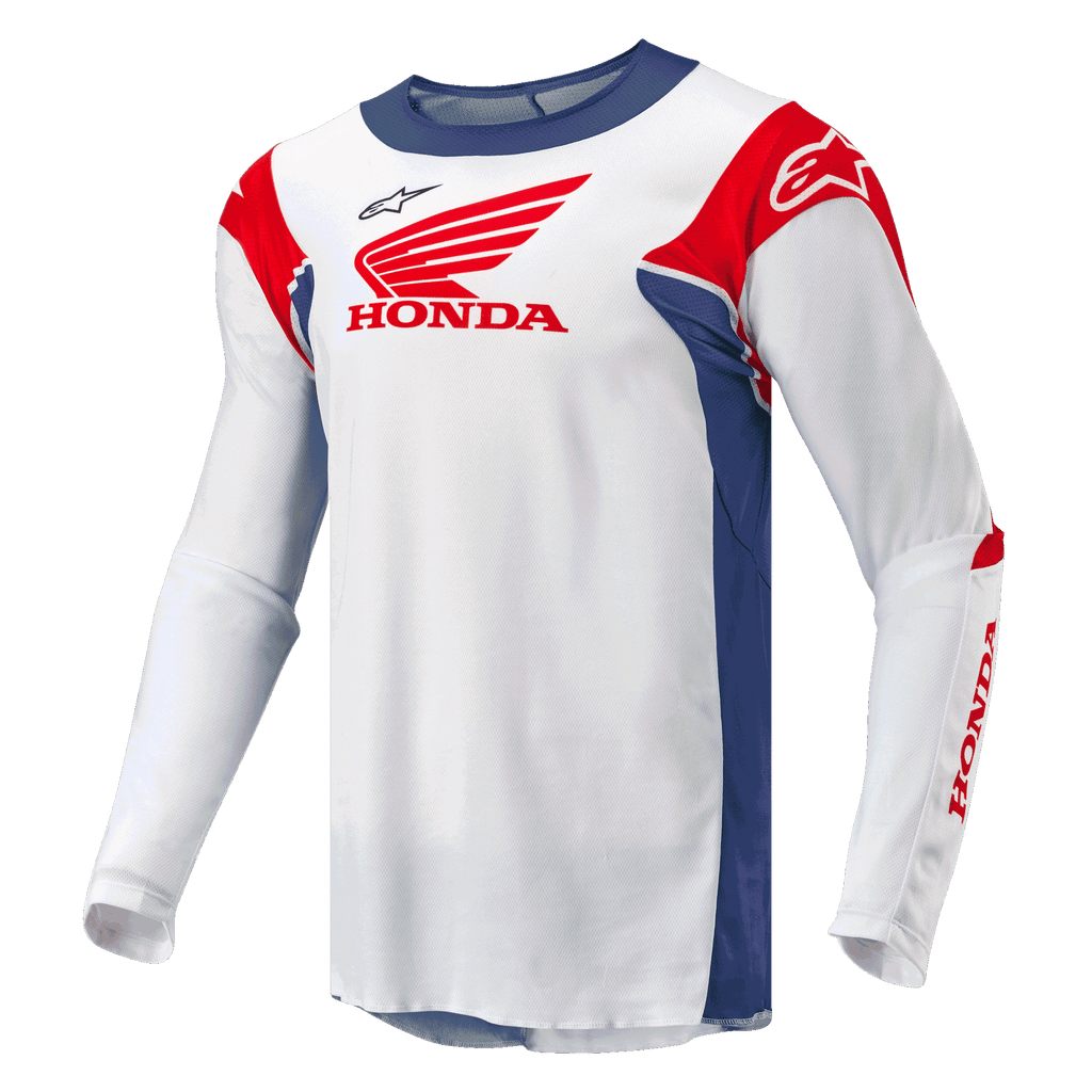 Alpinestars Maglia Honda Racer Iconic, maglia da motocross off-road da uomo, bianca con accenti blu brillante e rosso brillante, con marchio ufficiale Honda