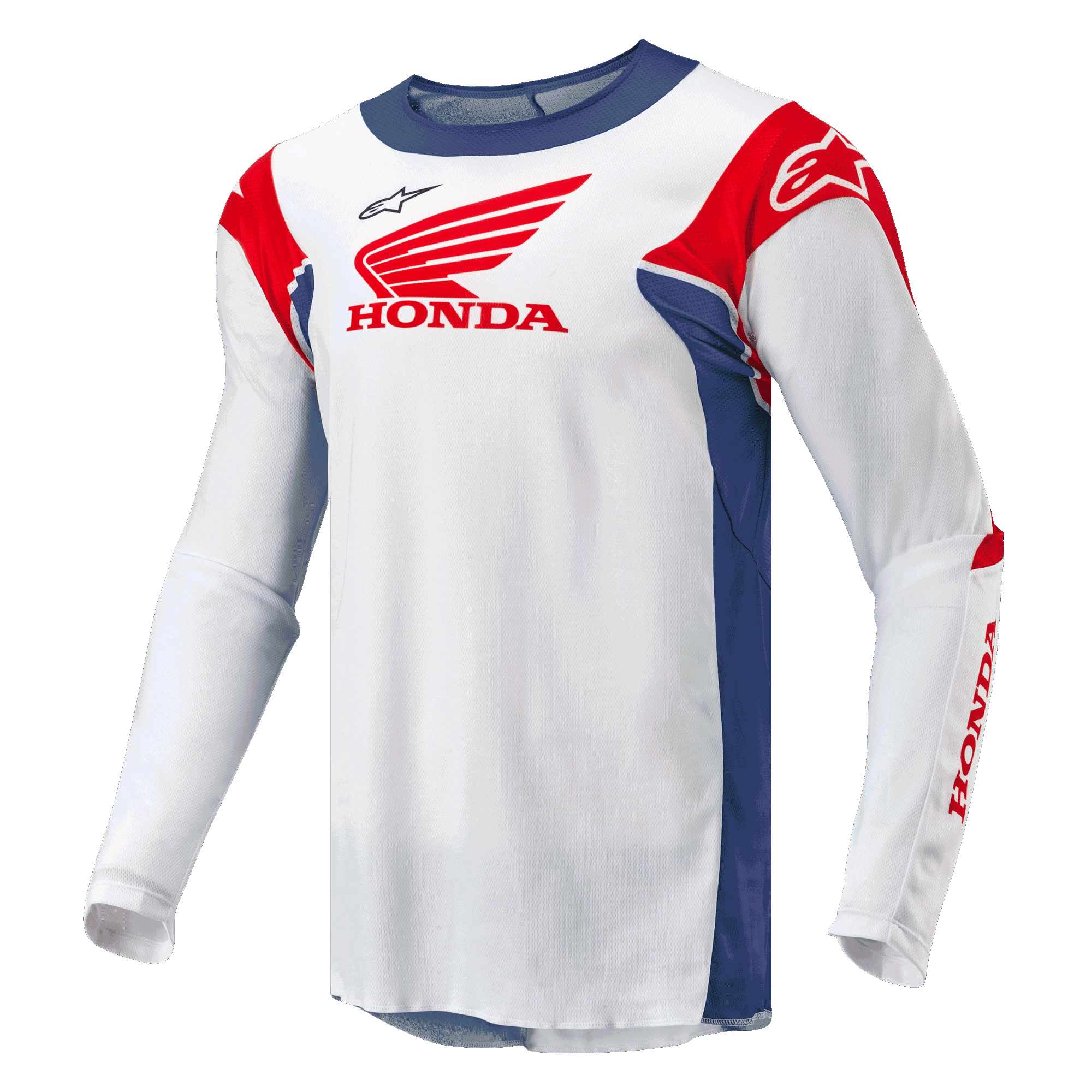 Alpinestars Maglia Honda Racer Iconic, maglia da motocross off-road da uomo, bianca con accenti blu brillante e rosso brillante, con marchio ufficiale Honda