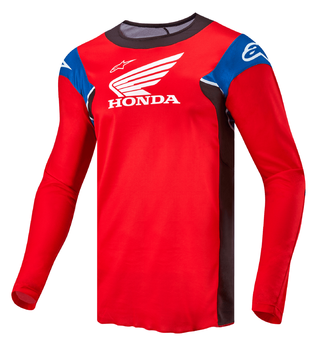 Alpinestars Maglia Honda Racer Iconic, maglia da motocross a maniche lunghe da uomo, rosso brillante con inserti neri, blu e bianchi, con loghi Honda e Alpinestars
