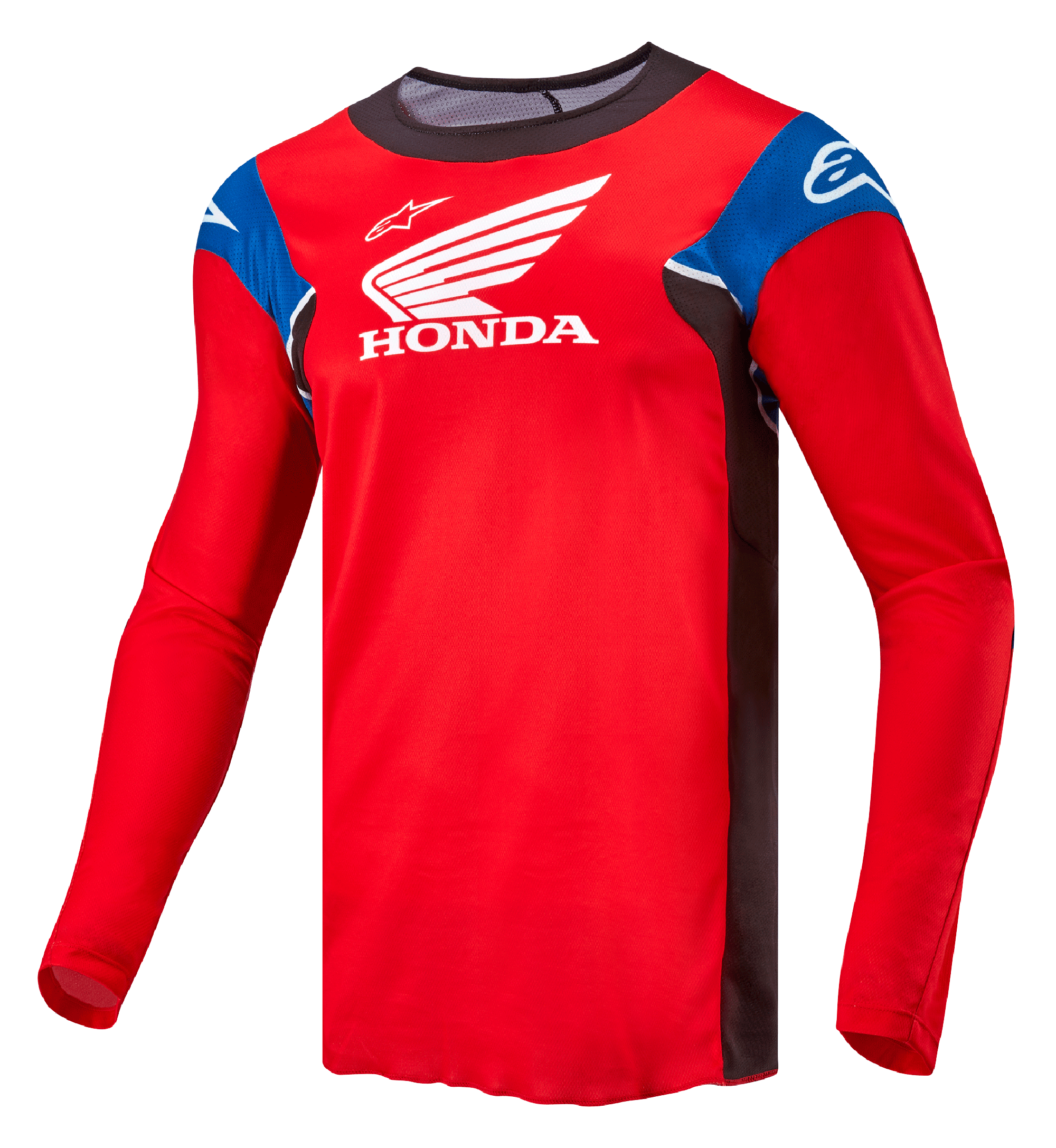 Alpinestars Maglia Honda Racer Iconic, maglia da motocross a maniche lunghe da uomo, rosso brillante con inserti neri, blu e bianchi, con loghi Honda e Alpinestars