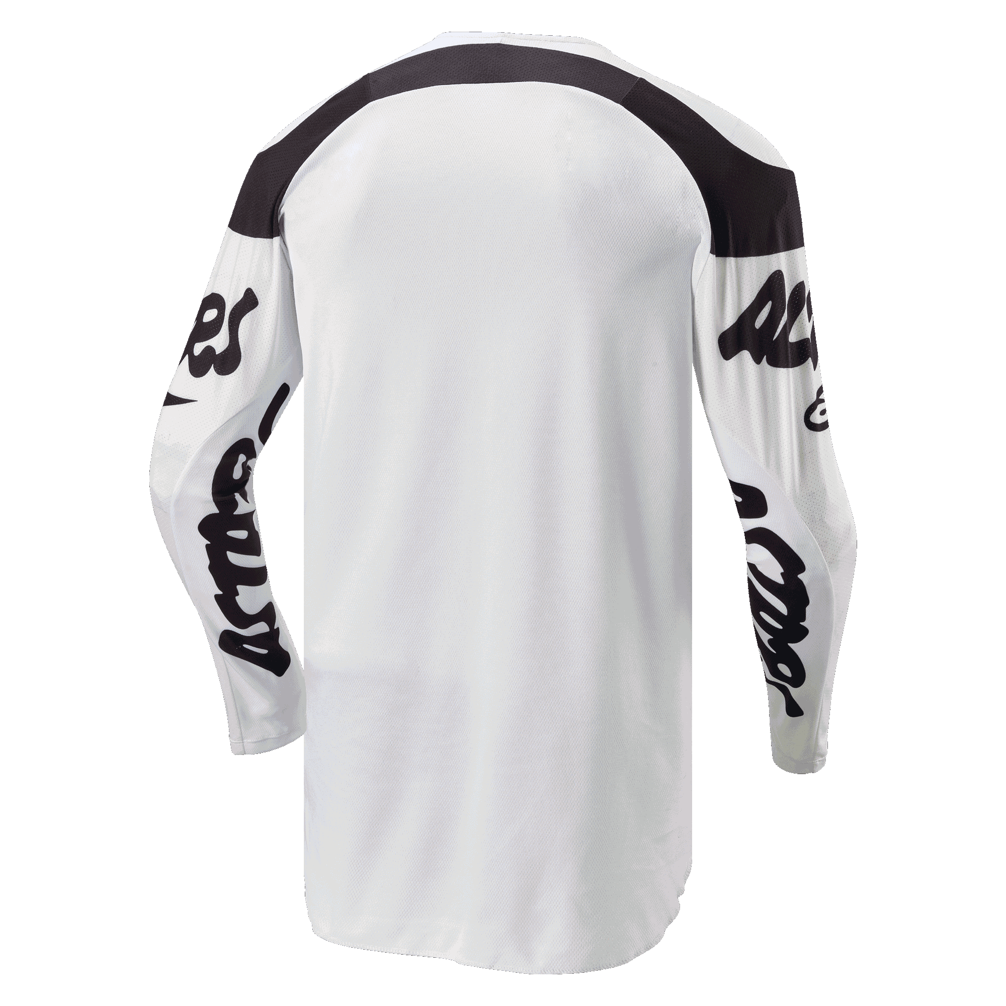 Maglia Alpinestars Racer Hana 2024, maglia da motocross, bianco e nero, vista posteriore con parte posteriore allungata per una maggiore copertura, pannelli neri sulle spalle e loghi neri sulle maniche, tessuto traspirante e resistente per prestazioni fuoristrada