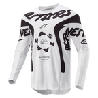 Alpinestars 2024 Racer Hana Jersey, maglia da motocross, bianco e nero, con vistoso marchio Alpinestars nero sul petto, logo ASTARS circolare e pannelli in rete tecnica per prestazioni fuoristrada