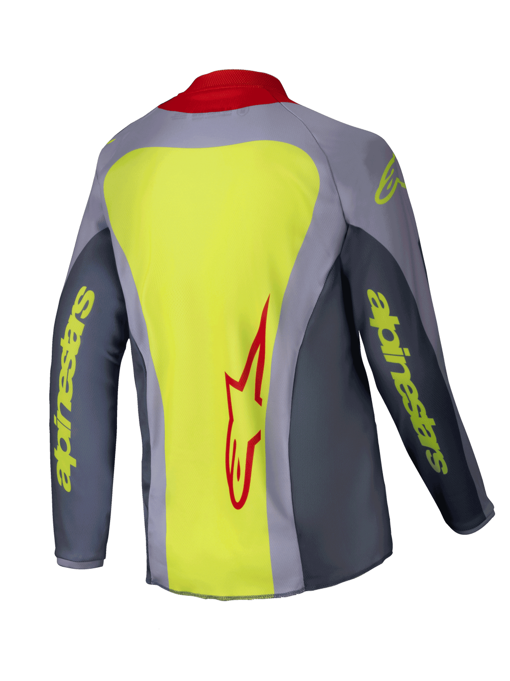 Alpinestars 2025 Youth Racer Melt Jersey, maglia da motocross, rosso e grigio, vista posteriore con un ampio pannello giallo neon e logo Alpinestars rosso, maniche grigie con branding giallo neon, colletto rosso, vestibilità atletica tecnica per gare fuoristrada