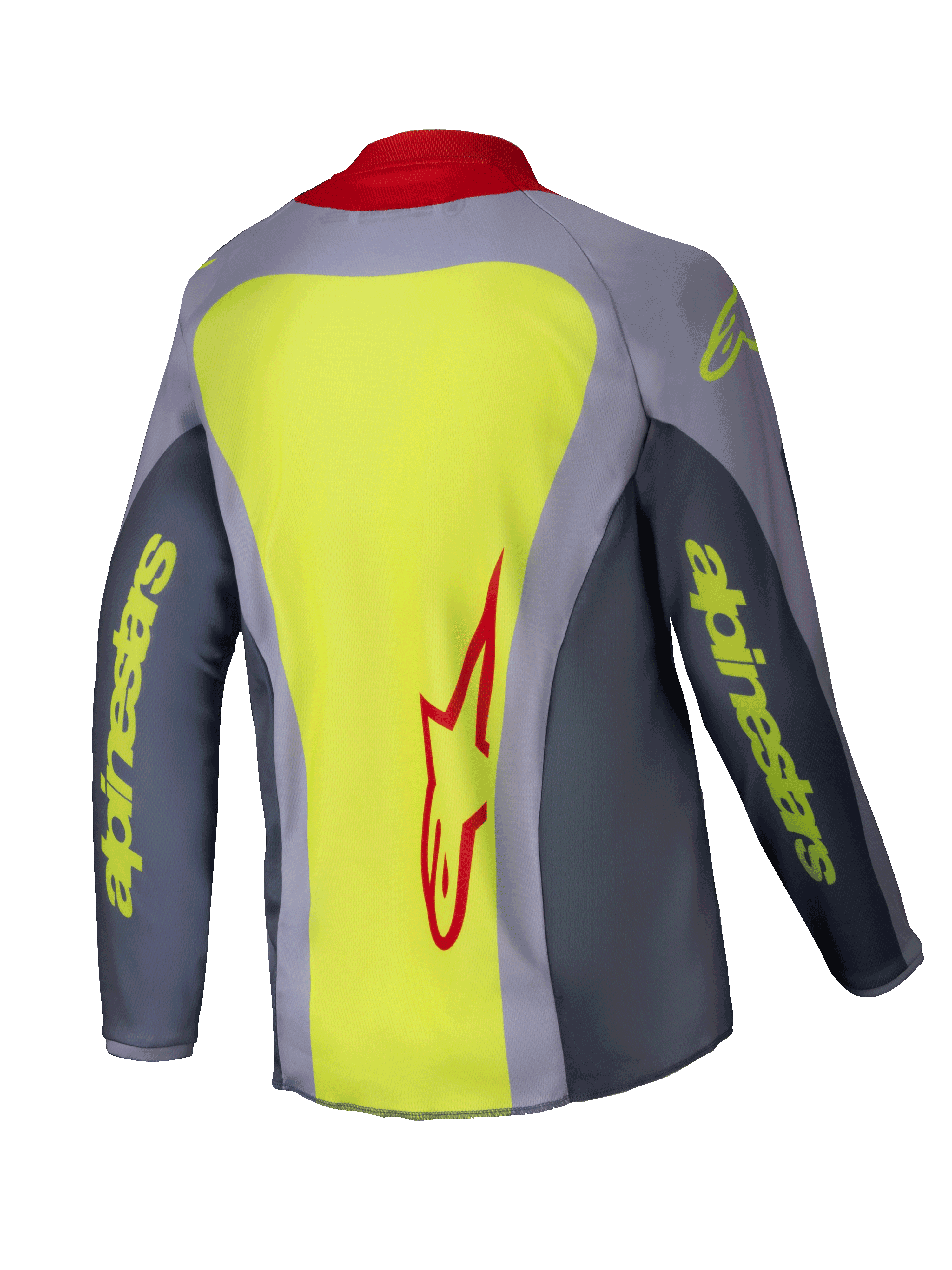 Alpinestars 2025 Youth Racer Melt Jersey, maglia da motocross, rosso e grigio, vista posteriore con un ampio pannello giallo neon e logo Alpinestars rosso, maniche grigie con branding giallo neon, colletto rosso, vestibilità atletica tecnica per gare fuoristrada