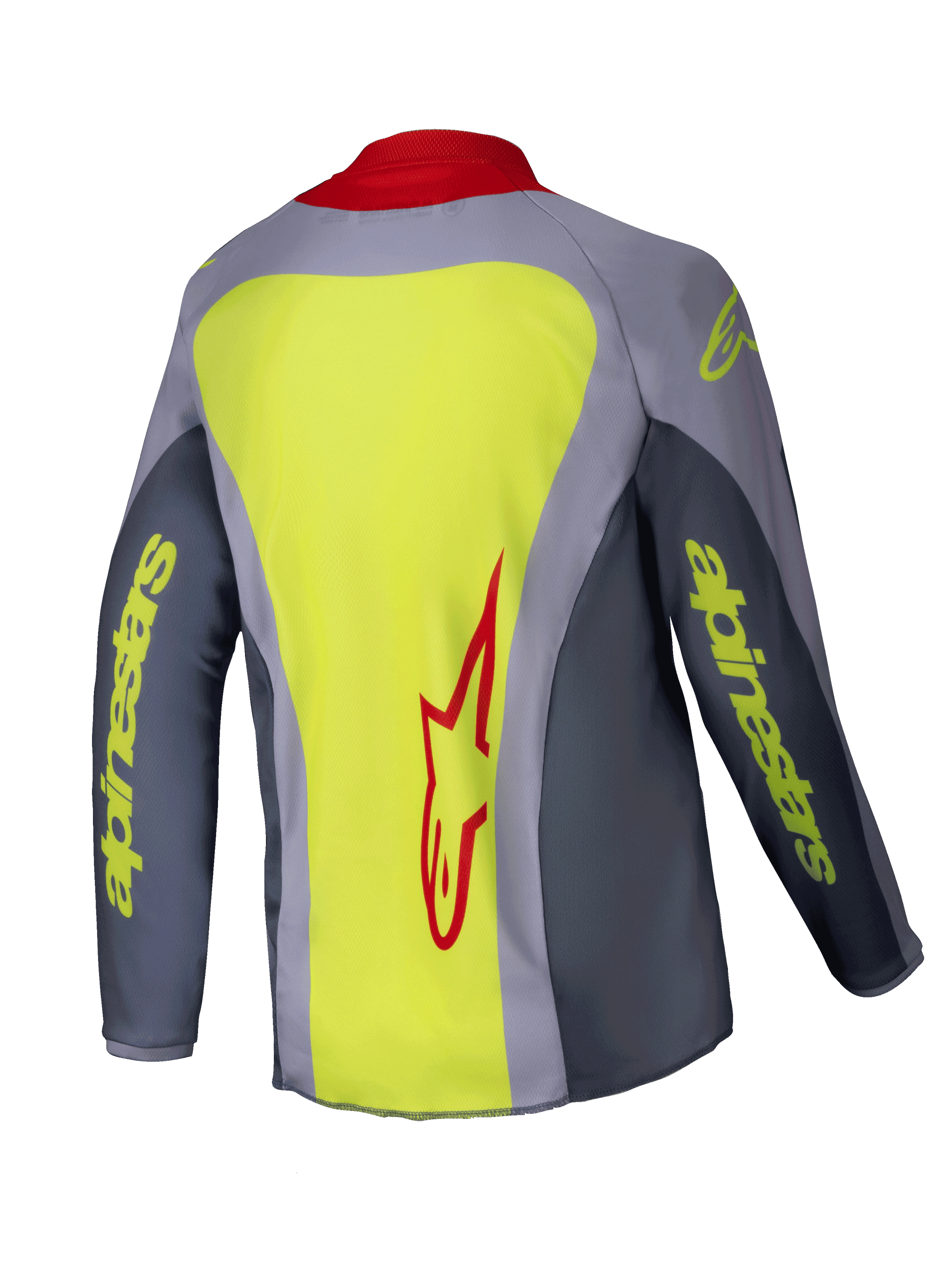 Alpinestars 2025 Youth Racer Melt Jersey, maglia da motocross, rosso acceso e grigio con accenti giallo neon, vista posteriore che mostra un ampio pannello giallo neon con logo Alpinestars rosso, maniche grigie con branding testuale giallo e colletto rosso, abbigliamento tecnico leggero per corse fuoristrada