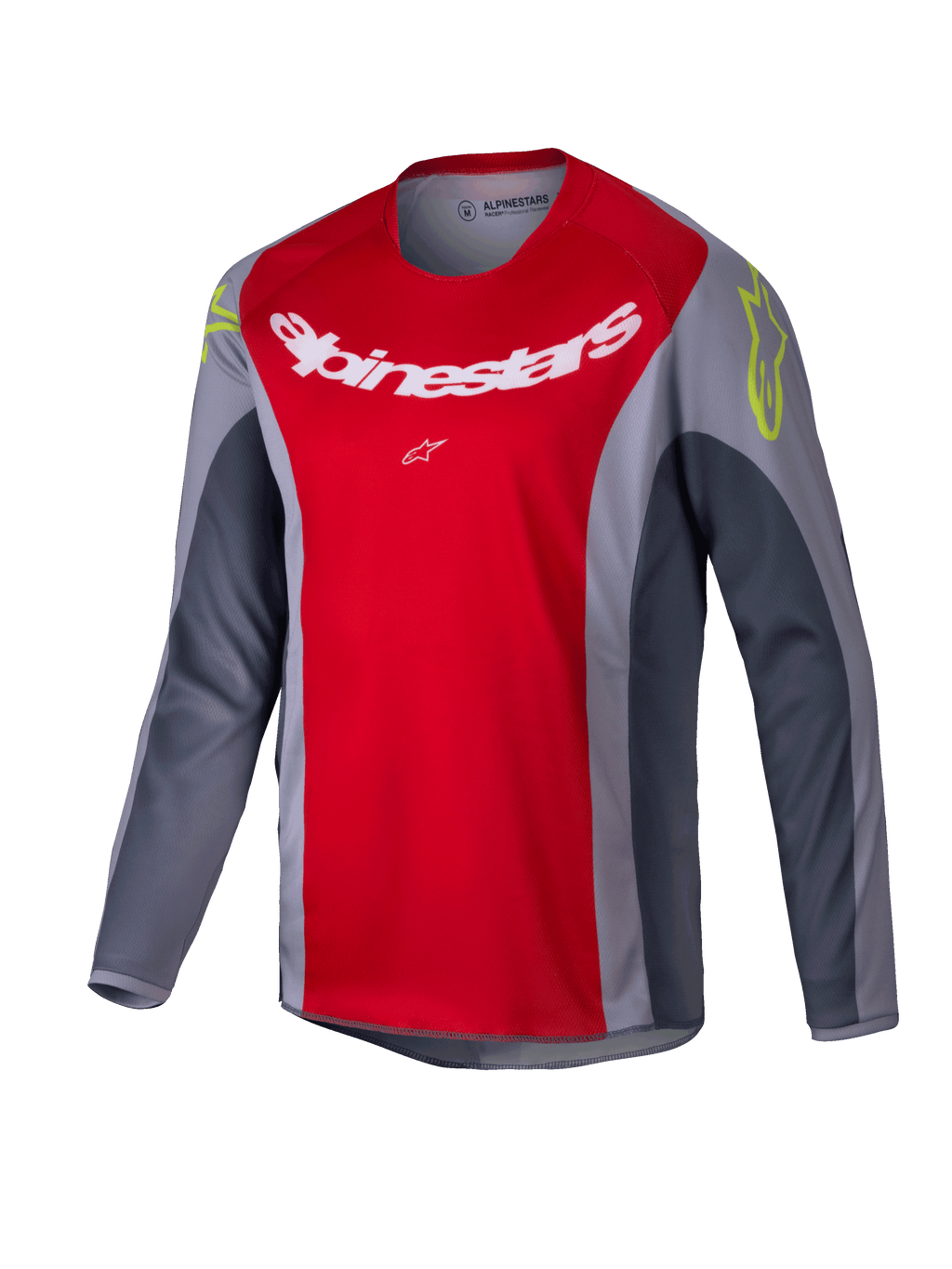Alpinestars Youth Racer Melt Jersey 2025, maglia da motocross, rosso acceso e grigio, con grande logo bianco sul petto e dettagli giallo neon sulle spalle, tessuto tecnico a maniche lunghe per guida fuoristrada
