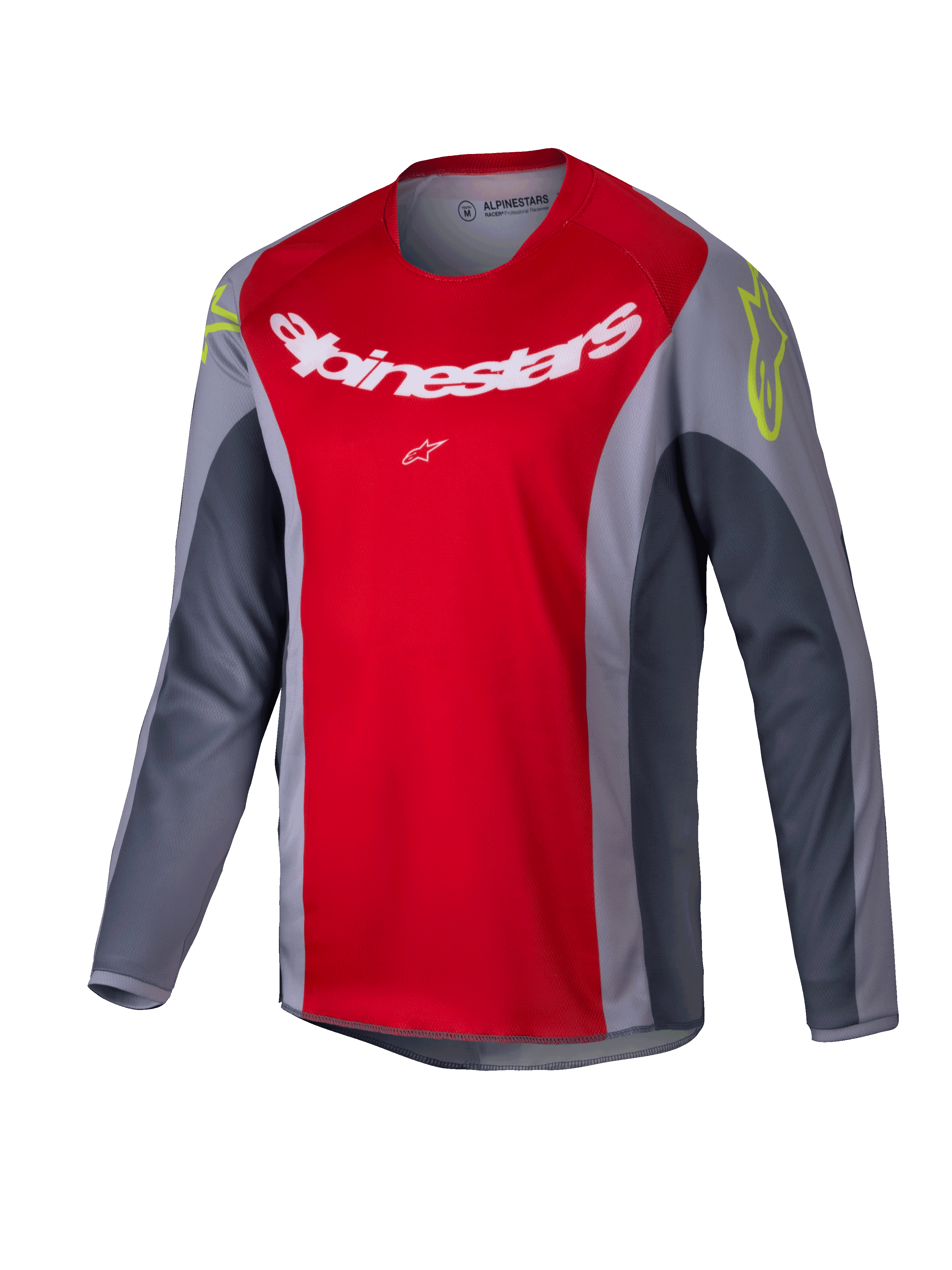Alpinestars Youth Racer Melt Jersey 2025, maglia da motocross, rosso acceso e grigio, con grande logo bianco sul petto e dettagli giallo neon sulle spalle, tessuto tecnico a maniche lunghe per guida fuoristrada