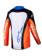Alpinestars Youth Racer Melt Jersey 2025, maglia da motocross, arancione, blu e bianco, vista posteriore con pannello bianco e logo blu, maniche arancioni con branding bianco, design ergonomico per ragazzi