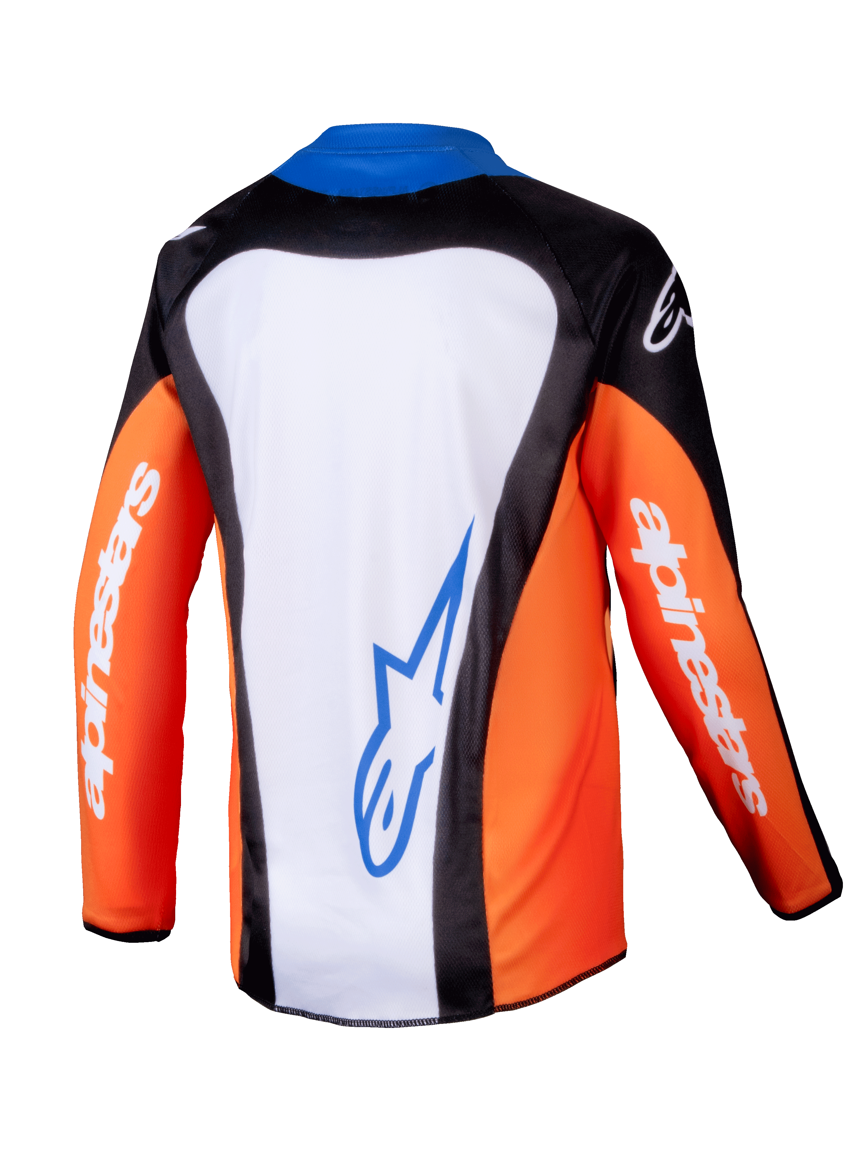 Alpinestars Youth Racer Melt Jersey 2025, maglia da motocross, arancione, blu e bianco, vista posteriore con pannello bianco e logo blu, maniche arancioni con branding bianco, design ergonomico per ragazzi