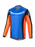 Alpinestars 2025 Youth Racer Melt Jersey, maglia da motocross a maniche lunghe, petto blu brillante con maniche arancioni e pannelli laterali neri, branding Alpinestars bianco su petto e spalle, tessuto leggero e traspirante per la guida off-road dei ragazzi