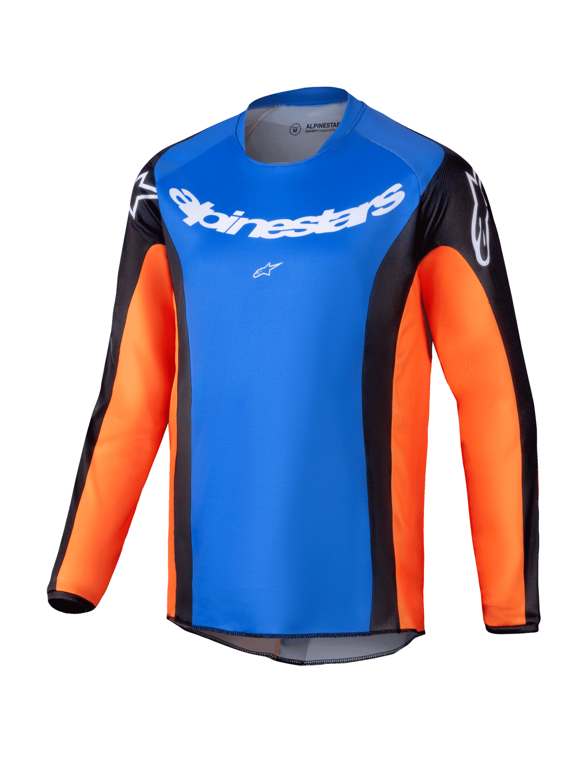 Alpinestars 2025 Youth Racer Melt Jersey, maglia da motocross a maniche lunghe, petto blu brillante con maniche arancioni e pannelli laterali neri, branding Alpinestars bianco su petto e spalle, tessuto leggero e traspirante per la guida off-road dei ragazzi