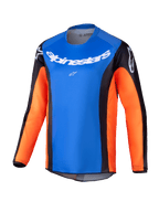 Alpinestars 2025 Youth Racer Melt Jersey, maglia da motocross a maniche lunghe, petto blu brillante con maniche arancioni e pannelli laterali neri, branding Alpinestars bianco su petto e spalle, tessuto leggero e traspirante per la guida off-road dei ragazzi