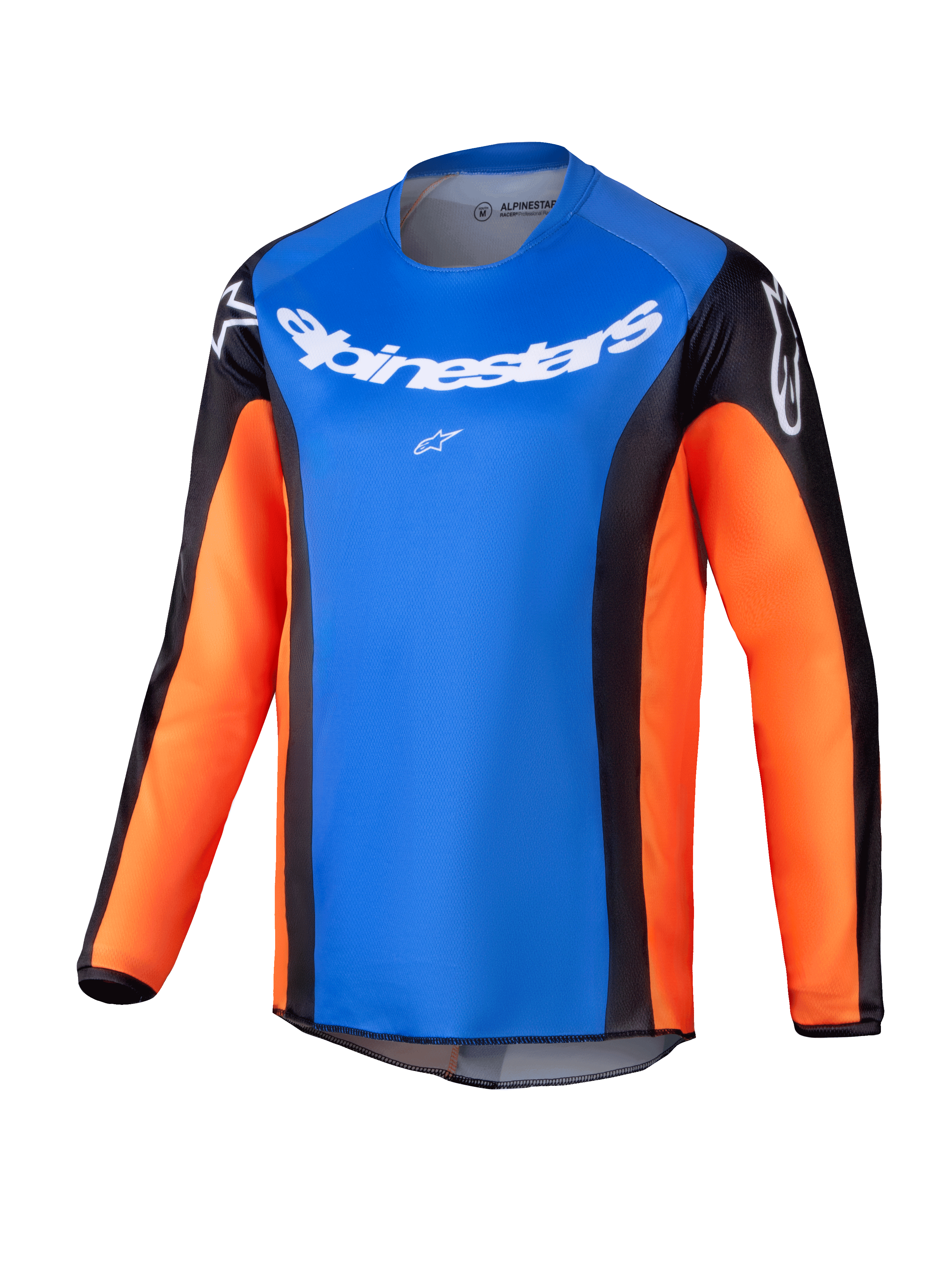 Alpinestars 2025 Youth Racer Melt Jersey, maglia da motocross a maniche lunghe, petto blu brillante con maniche arancioni e pannelli laterali neri, branding Alpinestars bianco su petto e spalle, tessuto leggero e traspirante per la guida off-road dei ragazzi
