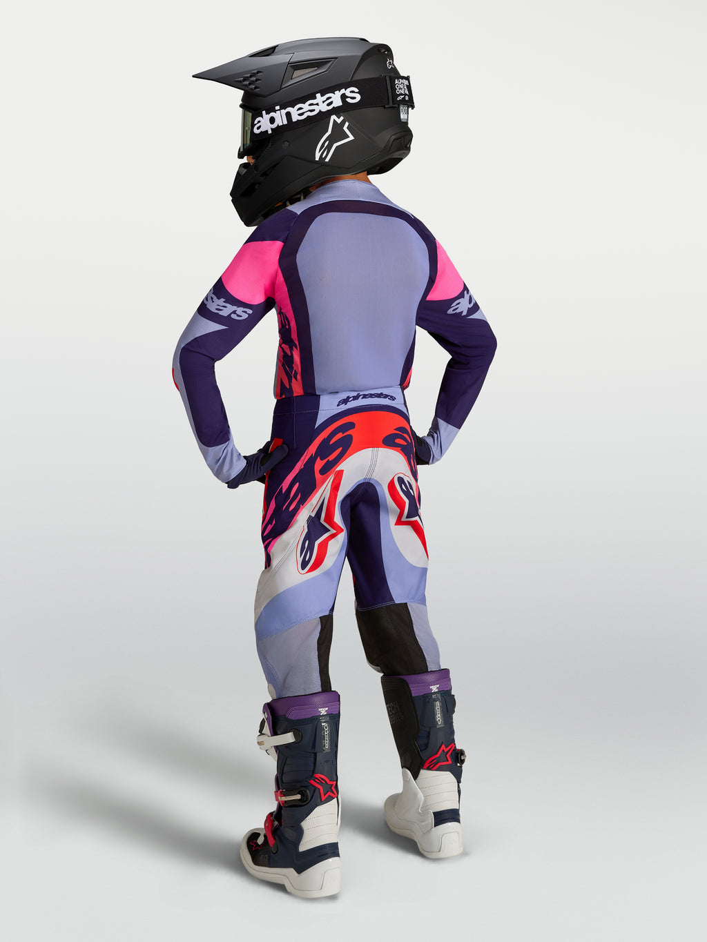 Alpinestars Ragazzo Supertech Dyna Gear Set, completo da motocross viola e rosa con maglia, pantaloni, stivali e casco