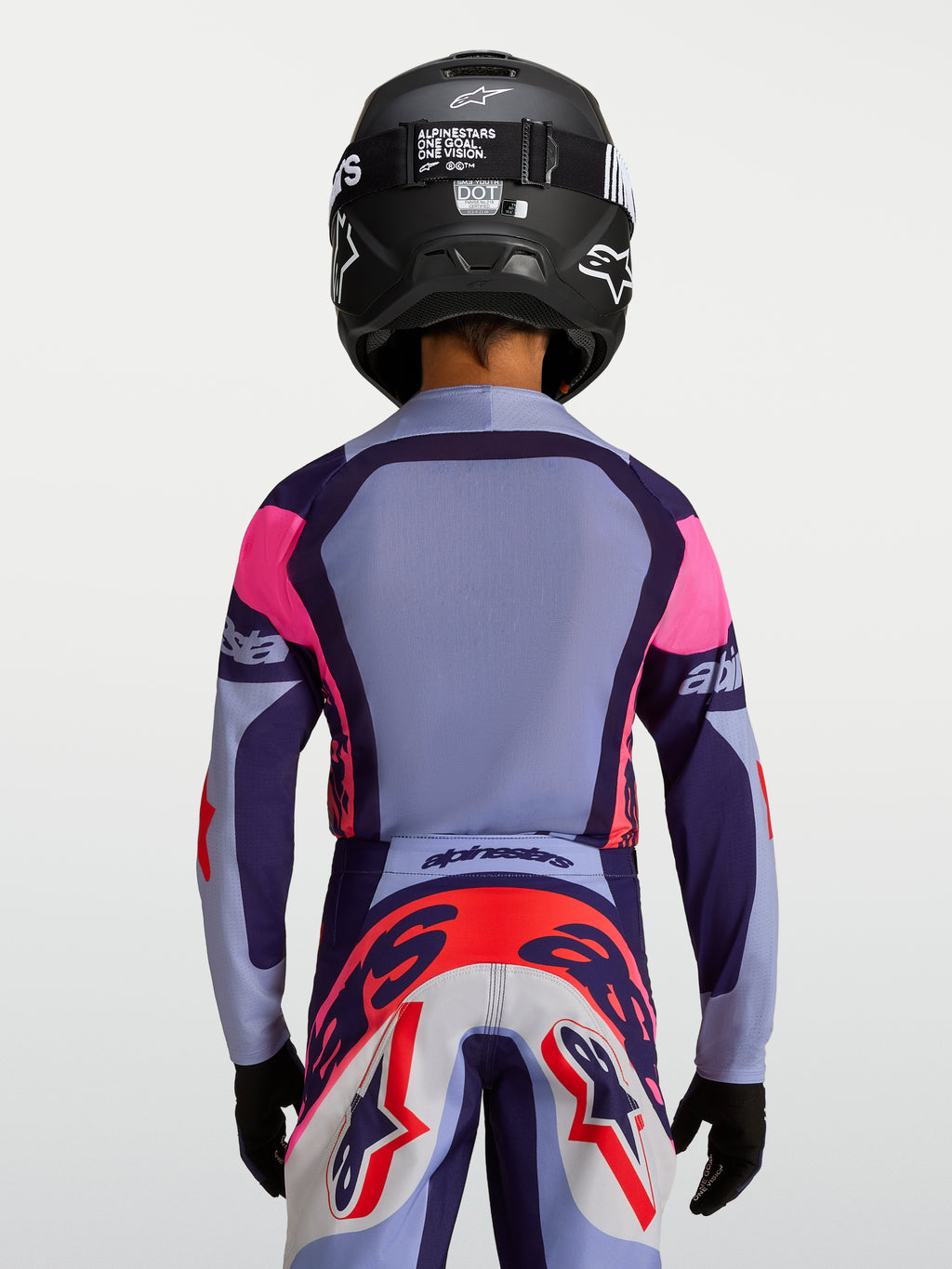 Maglia Supertech Dyna Ragazzo Alpinestars, maglia da motocross traspirante race-fit, viola e rosa, vista posteriore.