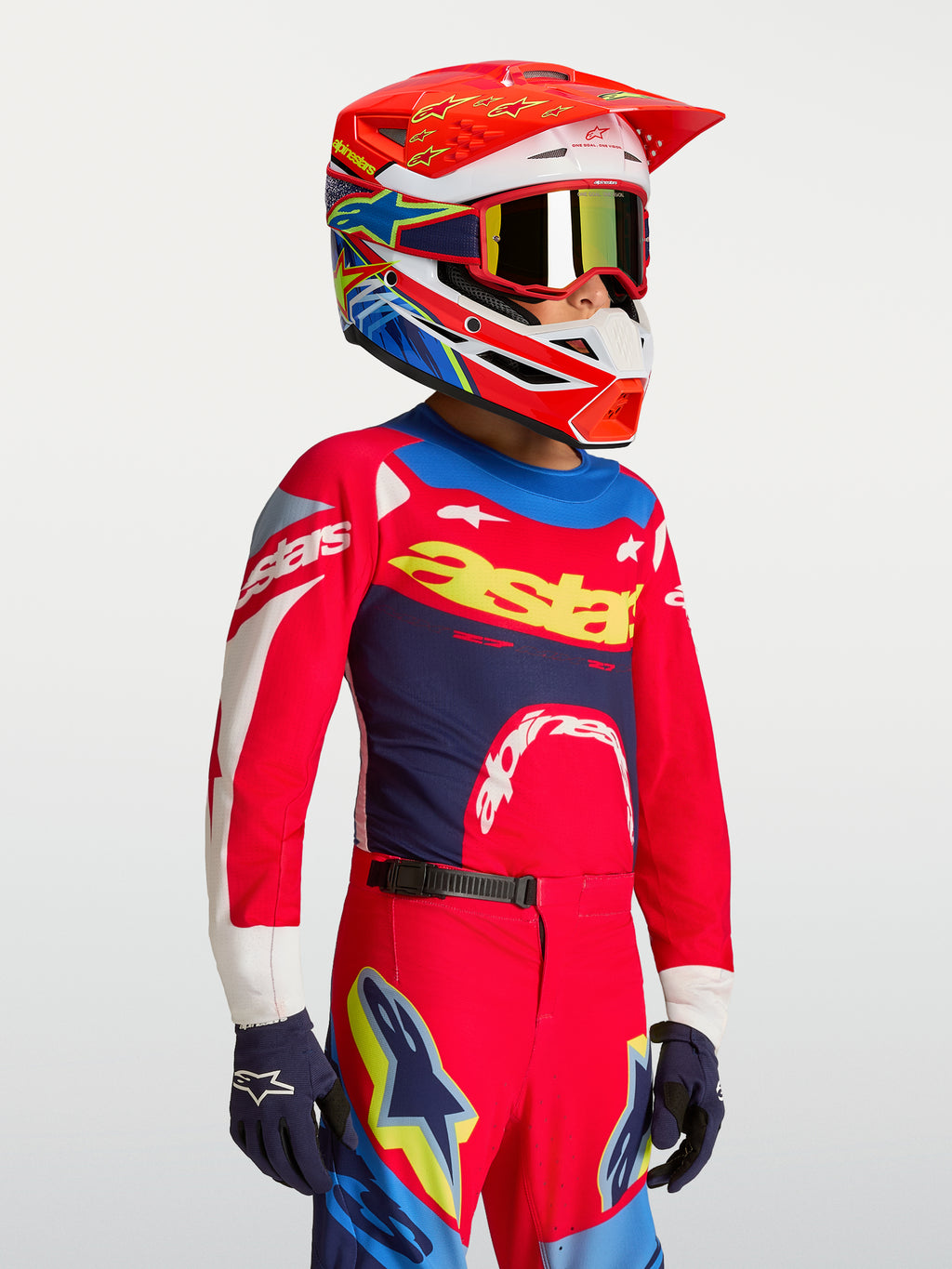 Alpinestars Maglia Supertech Dyna Ragazzo, maglia da motocross rossa e blu navy, in mesh leggero con vestibilità racing atletica.