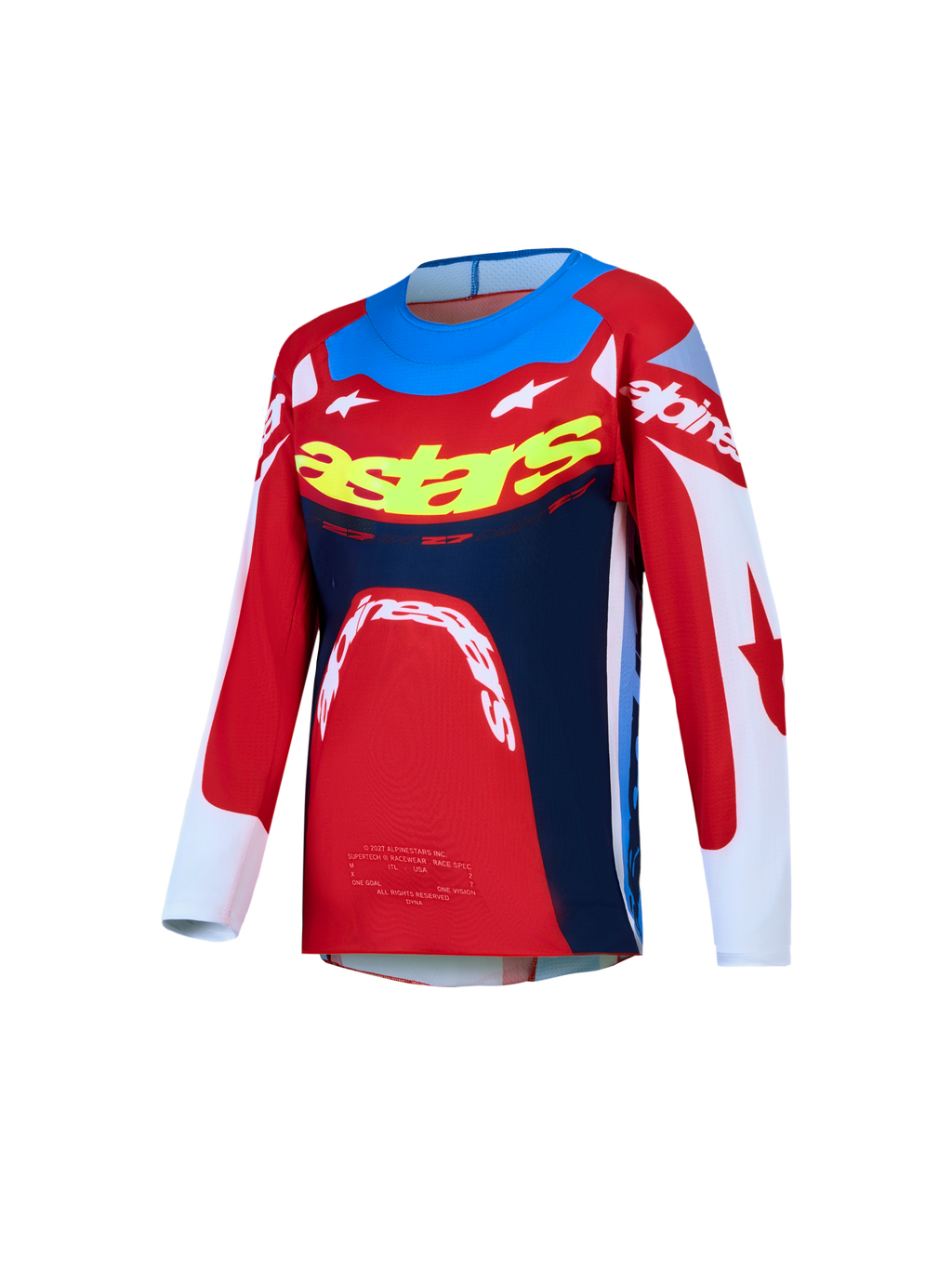 Maglia Supertech Dyna Ragazzo 2027 Alpinestars, maglia da motocross per ragazzi, rossa, blu e bianca, mesh elasticizzato.