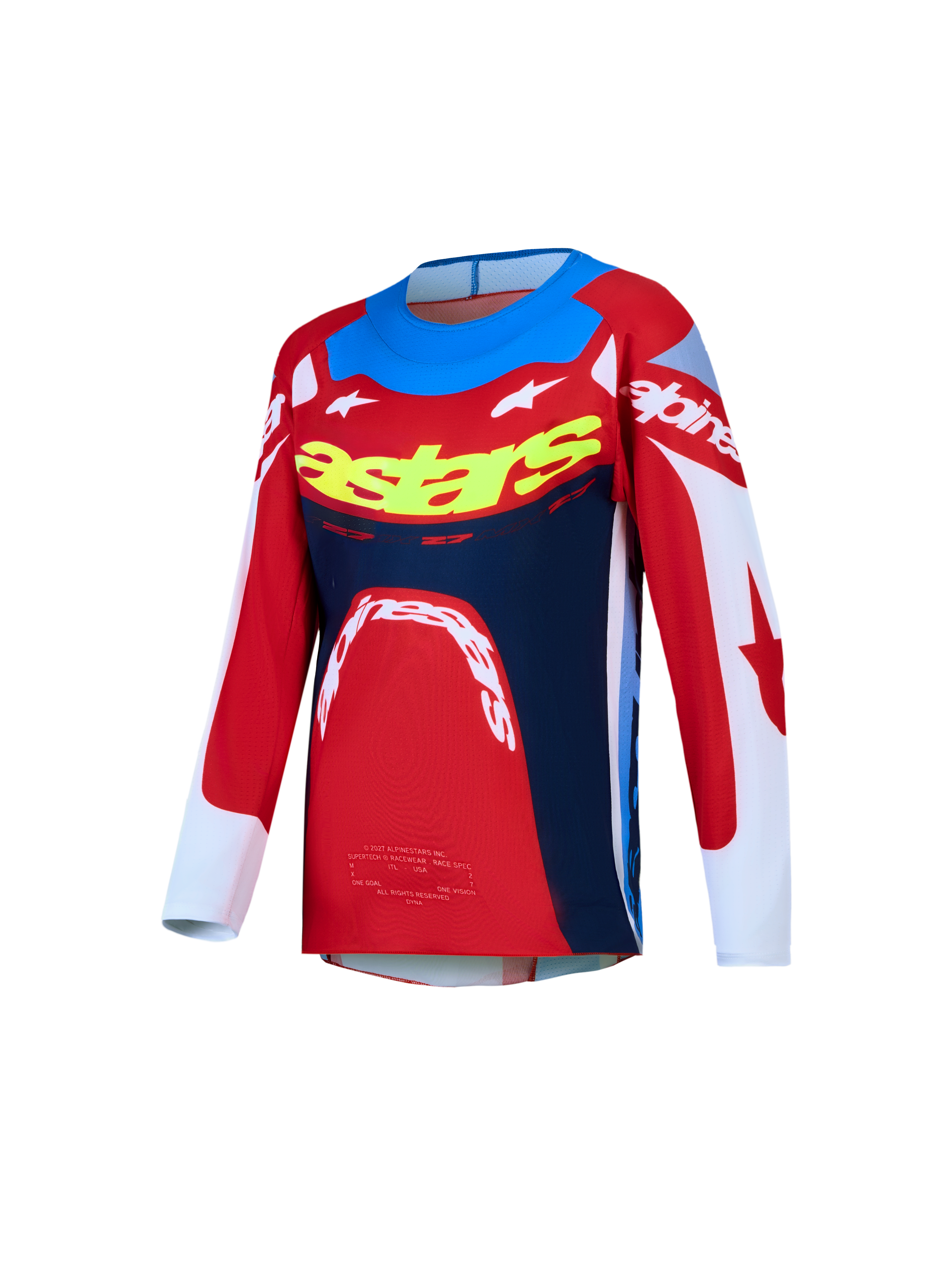 Maglia Supertech Dyna Ragazzo 2027 Alpinestars, maglia da motocross per ragazzi, rossa, blu e bianca, mesh elasticizzato.