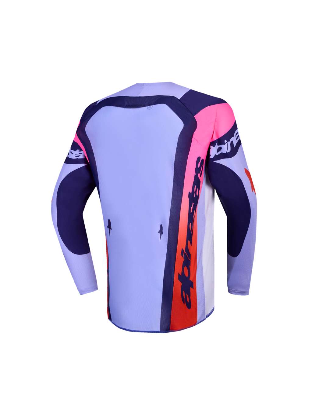 Alpinestars Maglia Ragazzo Supertech Dyna, maglia motocross lilla e blu navy con dettagli rosa, vista posteriore tecnica.