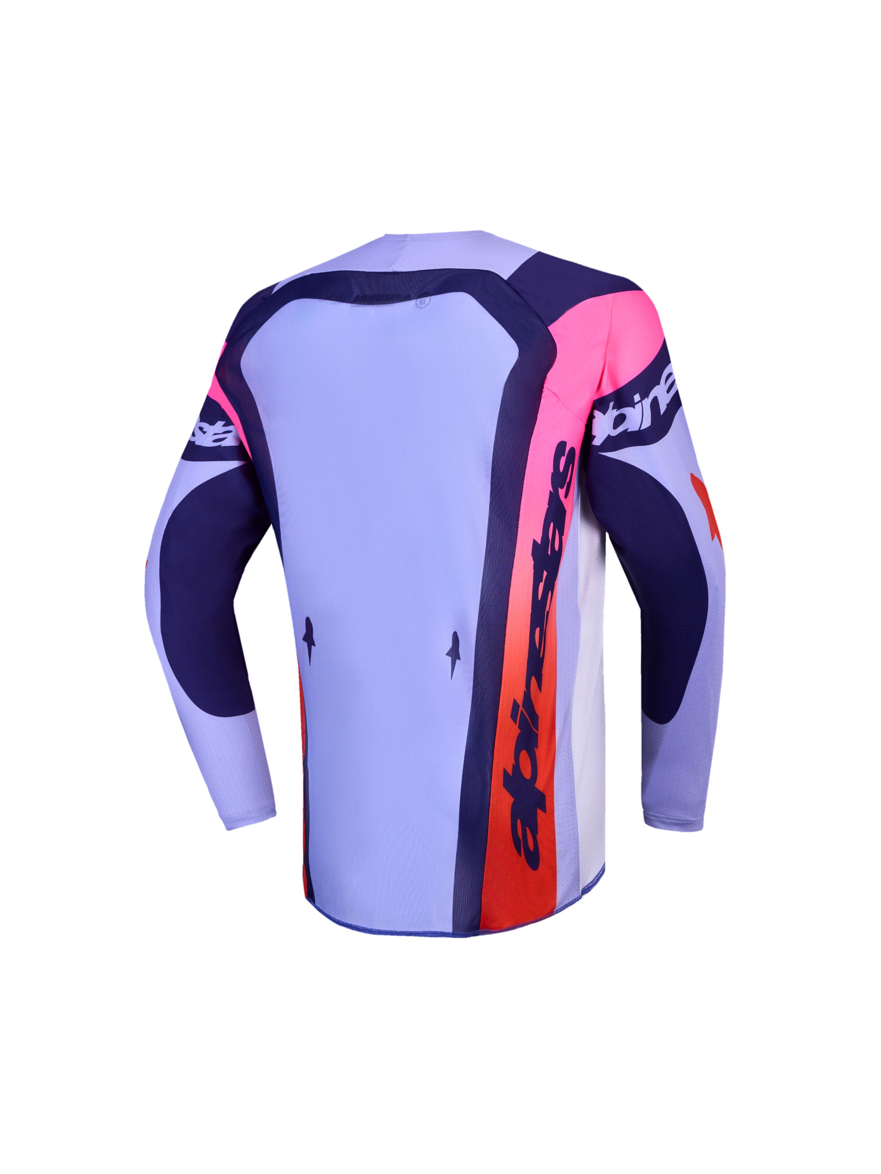 Alpinestars Maglia Ragazzo Supertech Dyna, maglia motocross lilla e blu navy con dettagli rosa, vista posteriore tecnica.