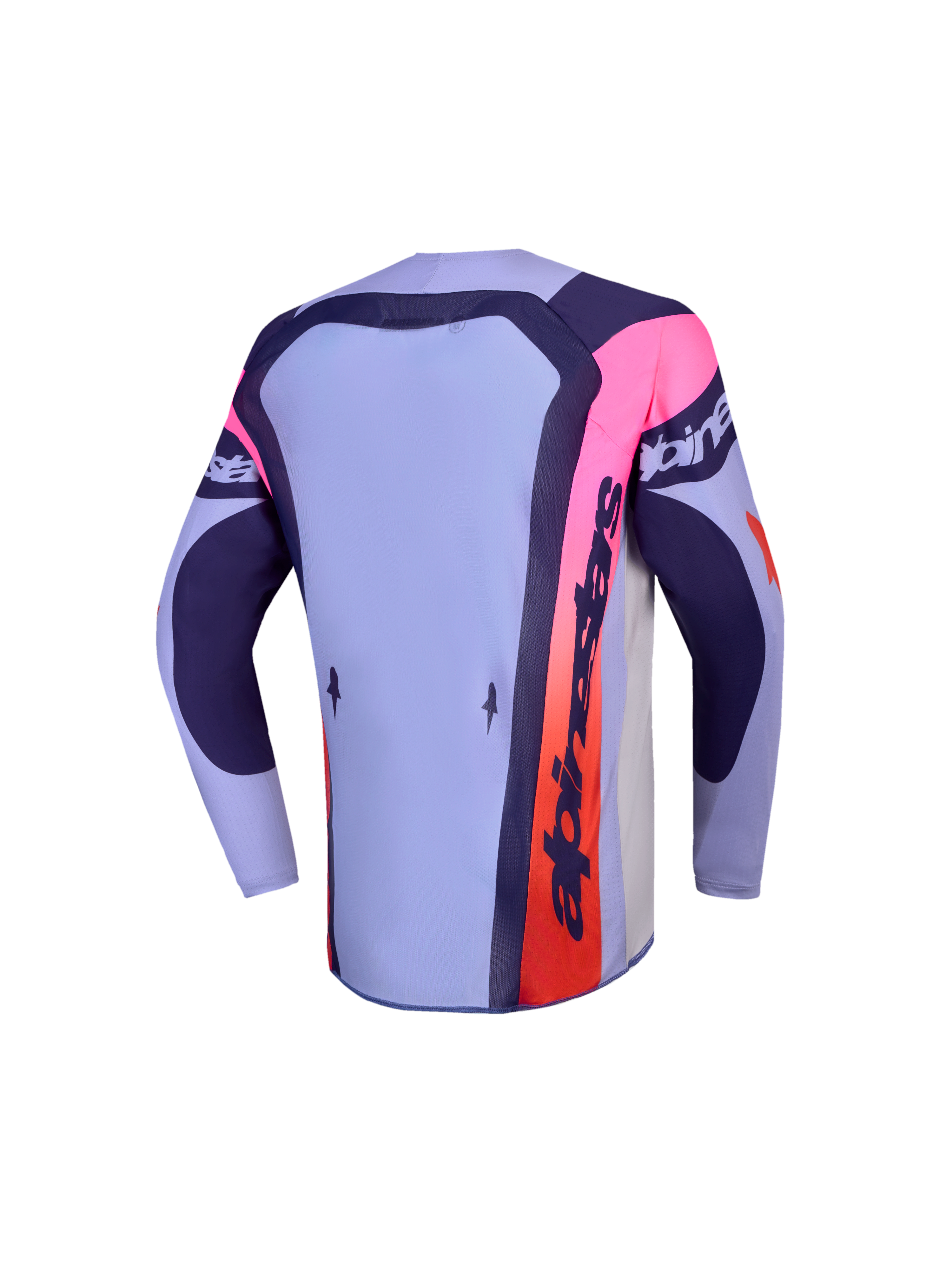 Alpinestars Maglia Supertech Dyna Ragazzo 2027, maglia da motocross viola e rosa, vista posteriore con bordo allungato.