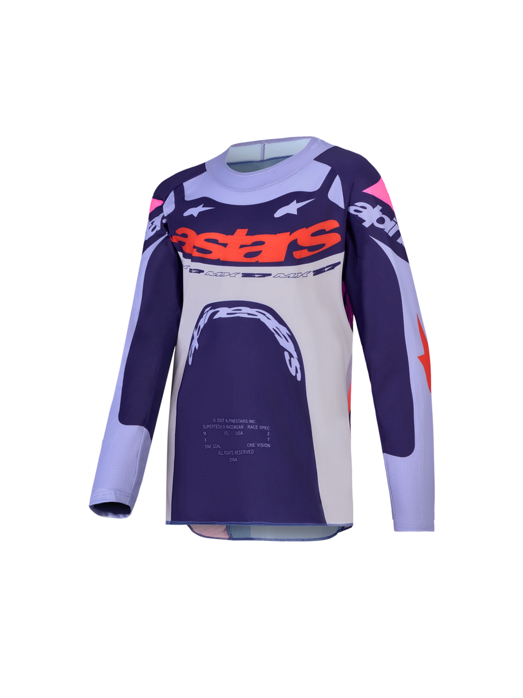 Alpinestars Maglia Supertech Dyna Ragazzo 2027, maglia da motocross viola e rosa fluo, in mesh elasticizzato ventilato con vestibilità race-fit.