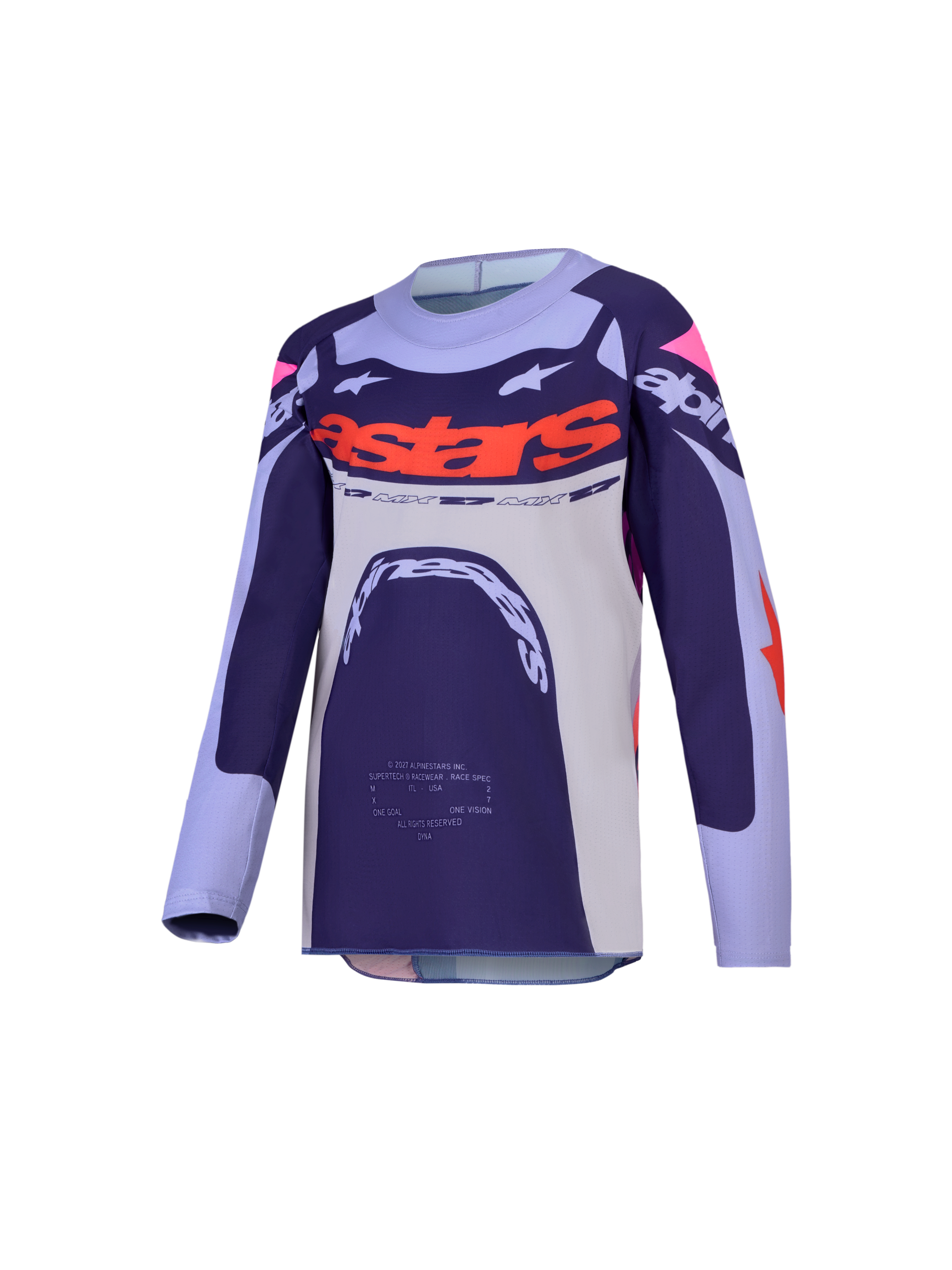 Alpinestars Maglia Supertech Dyna Ragazzo 2027, maglia da motocross viola e rosa fluo, in mesh elasticizzato ventilato con vestibilità race-fit.