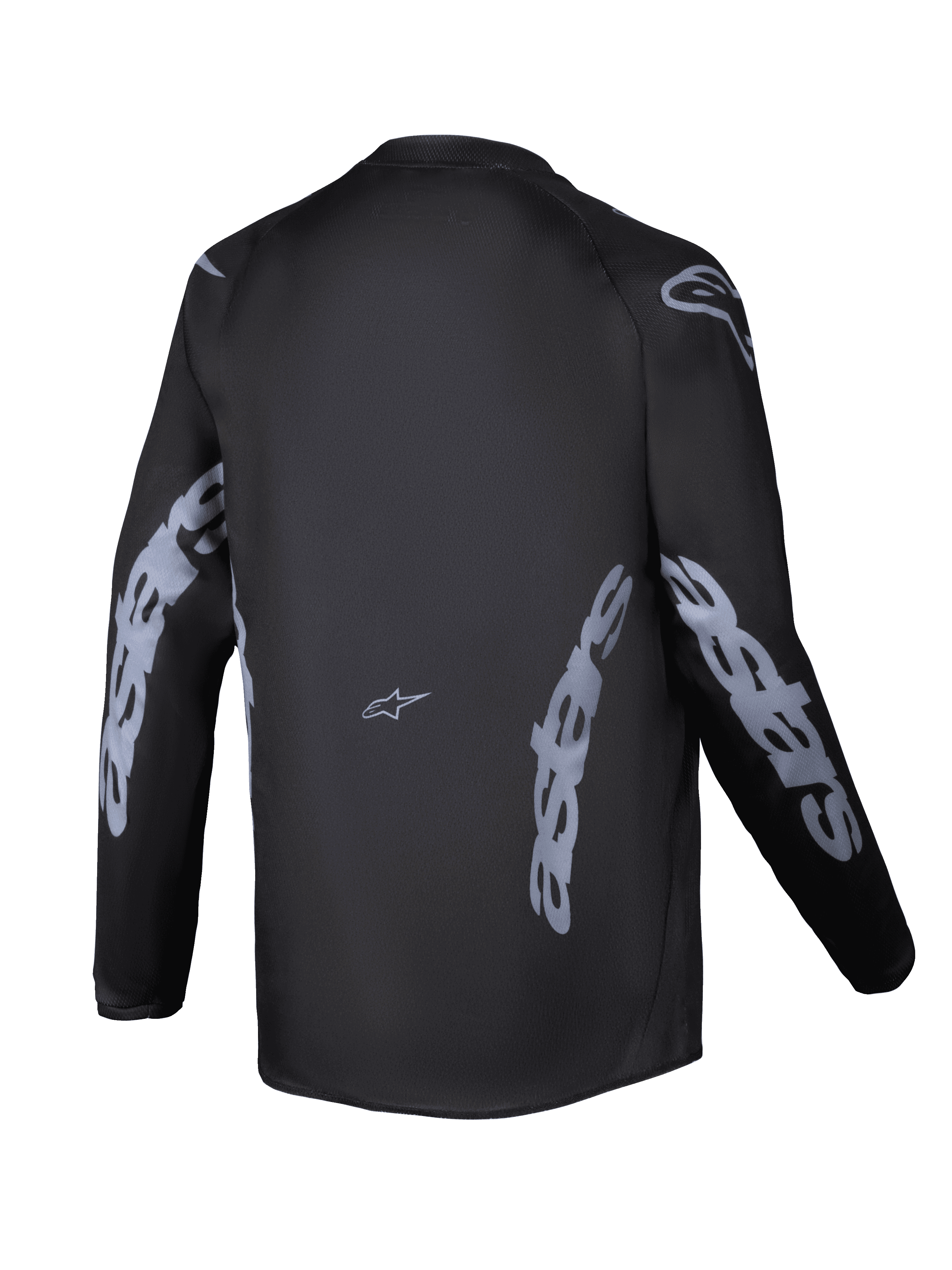Maglia Alpinestars Youth Racer Graphite 2025, vista posteriore, nero e grigio, maglia da motocross a maniche lunghe con branding Alpinestars grigio su maniche e fianchi, tessuto traspirante con taglio posteriore allungato per la guida off-road