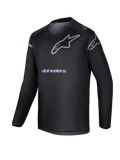 Alpinestars 2025 Youth Racer Graphite Jersey, maglia da motocross a maniche lunghe nera e grigia, con logo a stella grigio e nome del brand, abbigliamento tecnico leggero per ragazzi per guida fuoristrada