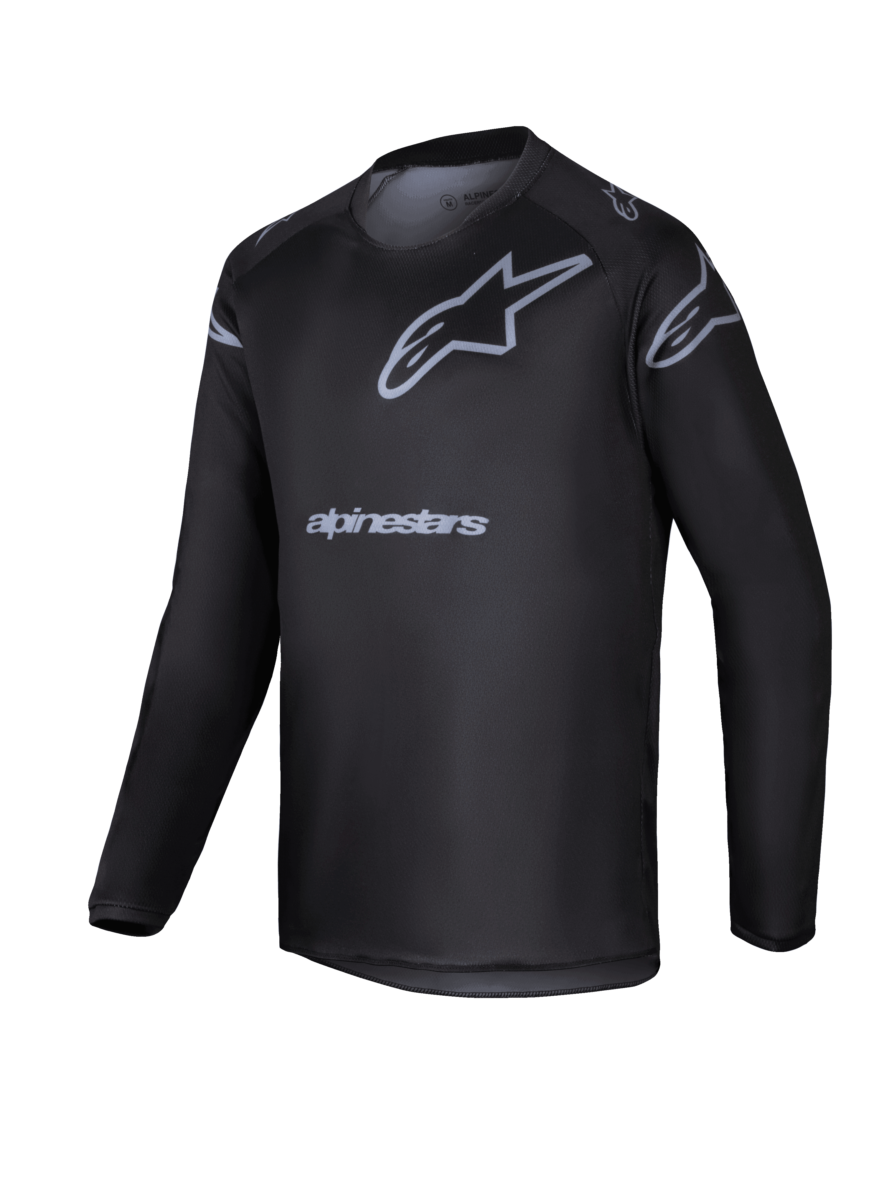 Alpinestars 2025 Youth Racer Graphite Jersey, maglia da motocross a maniche lunghe nera e grigia, con logo a stella grigio e nome del brand, abbigliamento tecnico leggero per ragazzi per guida fuoristrada