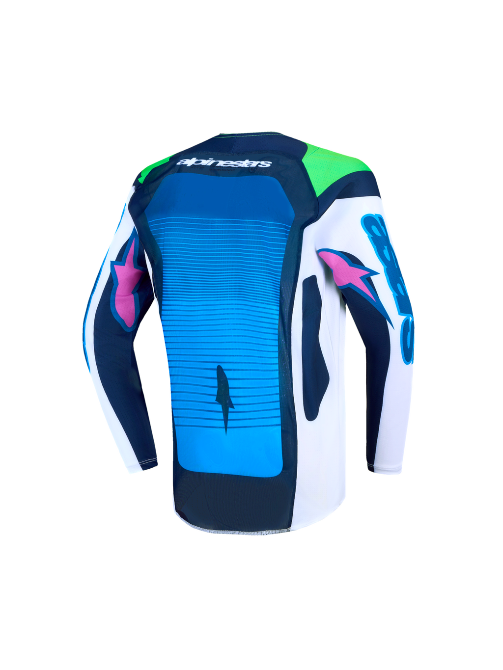 Alpinestars Maglia Supertech Maven Ragazzo, maglia da motocross blu e bianca, vista posteriore con mesh ventilato e vestibilità atletica racing.