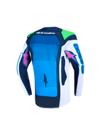Alpinestars Maglia Supertech Maven Ragazzo, maglia da motocross blu e bianca, vista posteriore con mesh ventilato e vestibilità atletica racing.