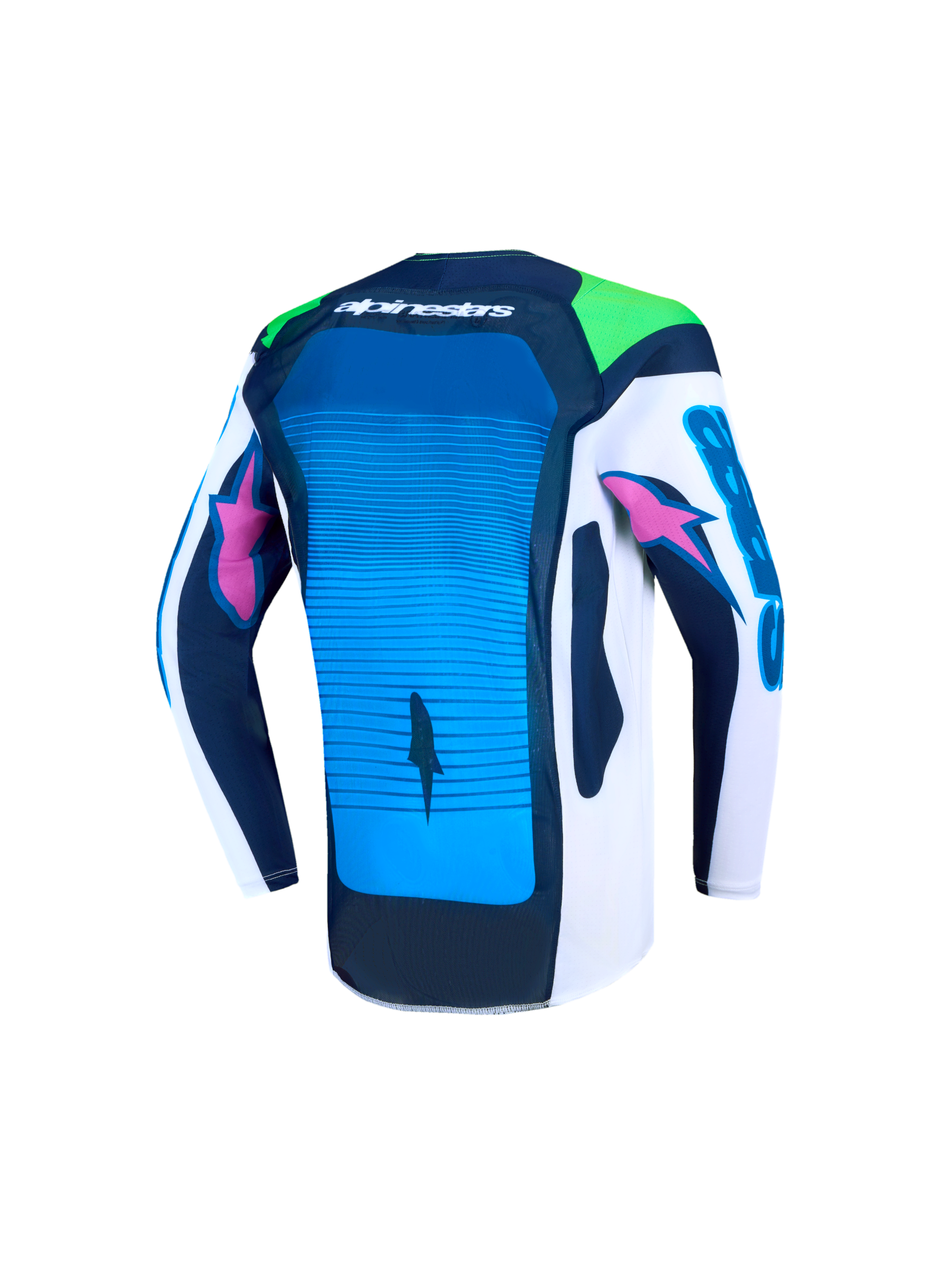 Alpinestars Maglia Supertech Maven Ragazzo, maglia da motocross blu e bianca, vista posteriore con mesh ventilato e vestibilità atletica racing.