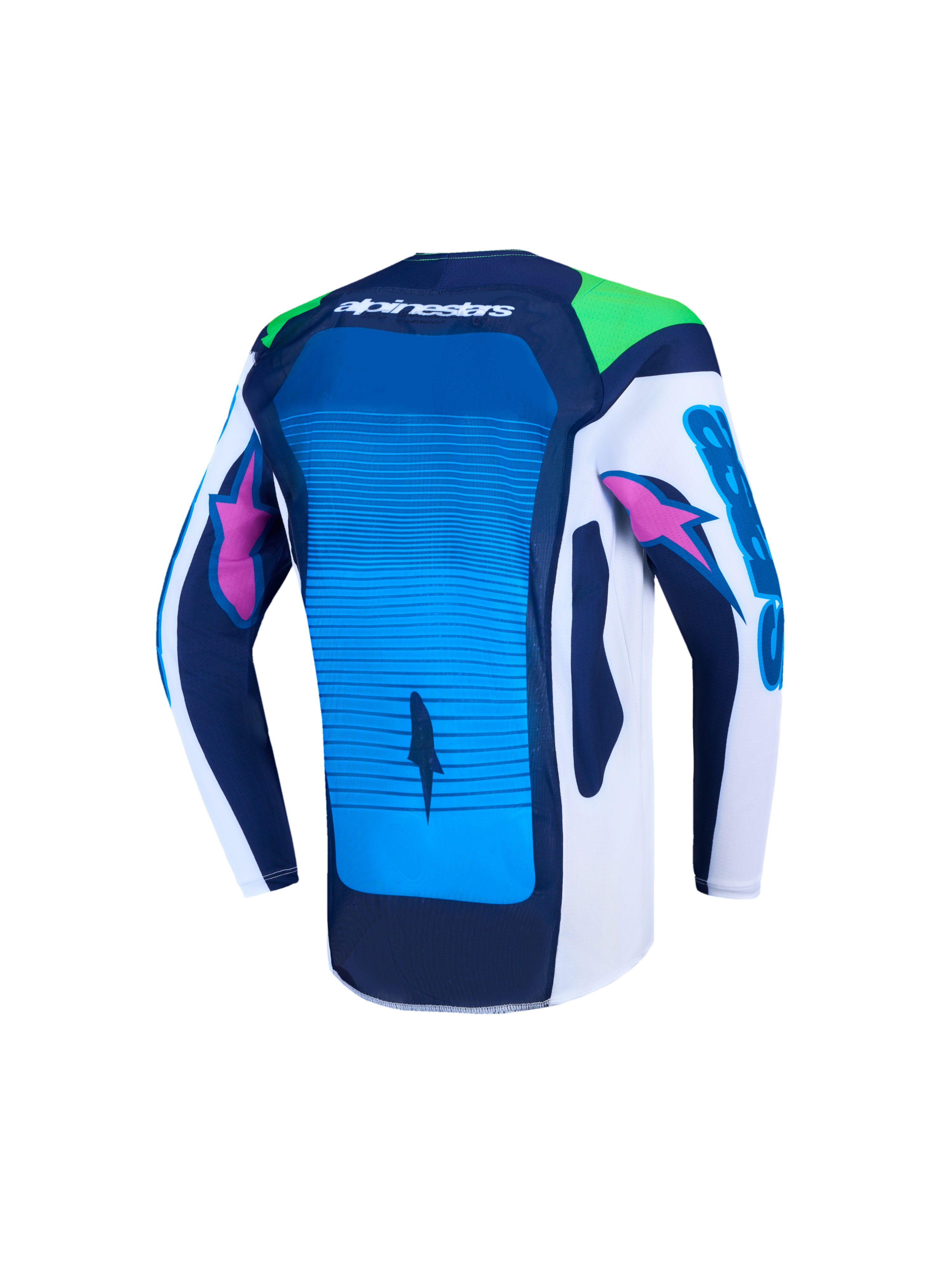 Alpinestars Maglia Supertech Maven Ragazzo, maglia da motocross racing, blu e bianca, vista posteriore con mesh elasticizzato traspirante.