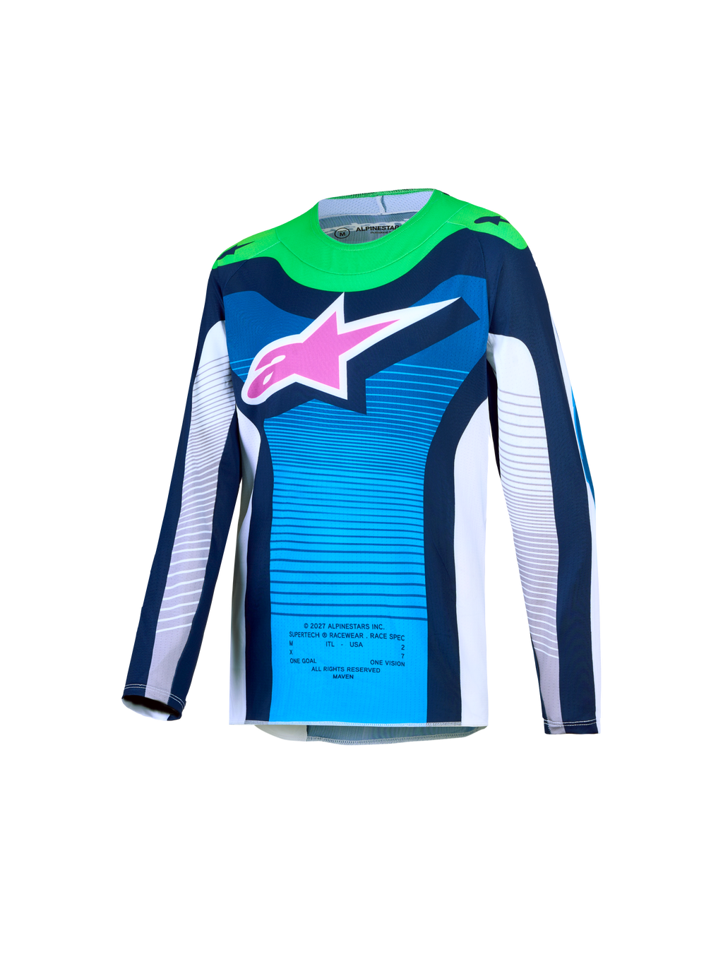 Alpinestars Maglia Supertech Maven Ragazzo 2027, maglia da motocross blu e verde, logo rosa, mesh traspirante e vestibilità racing professionale per giovani piloti