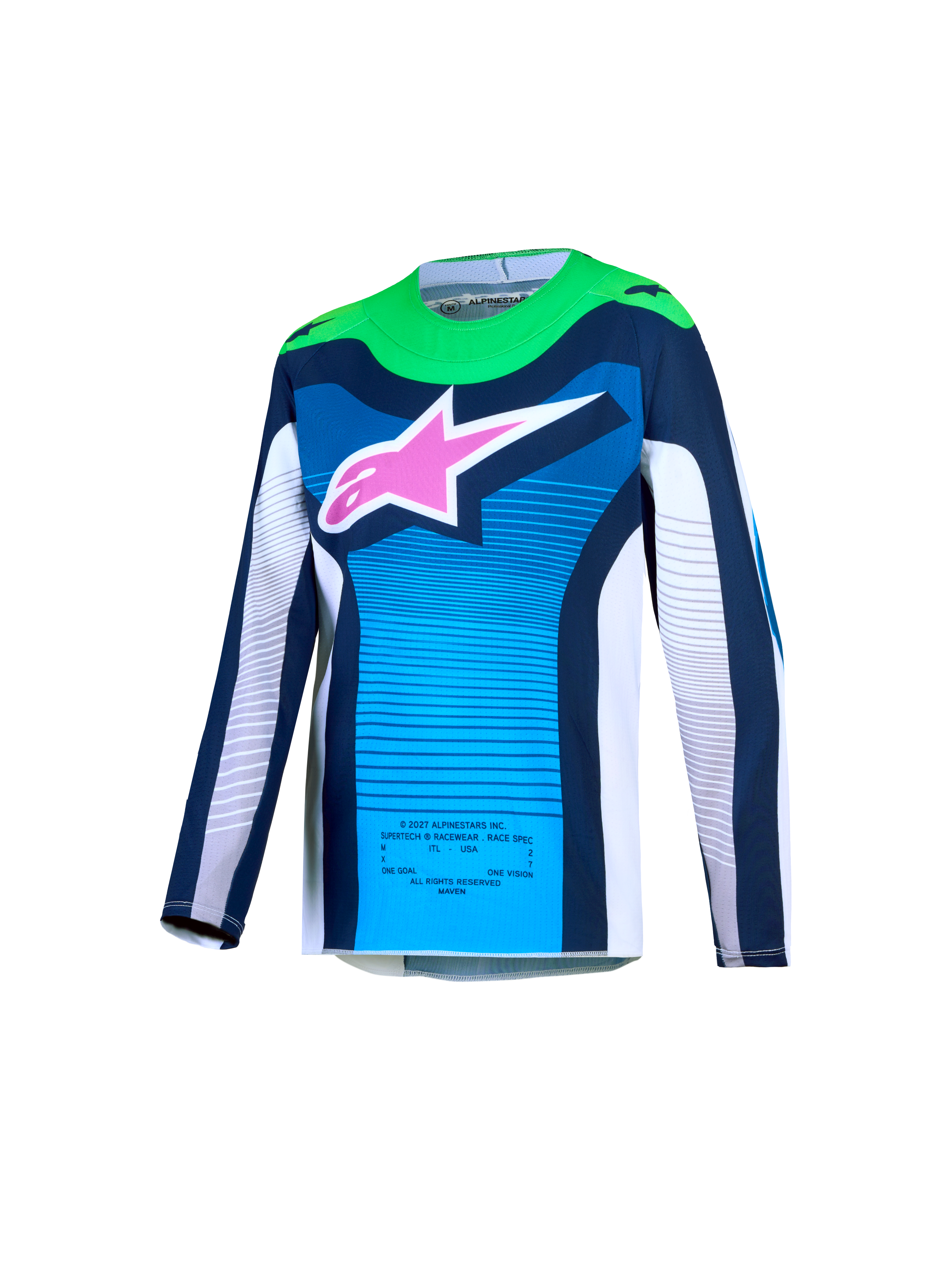 Alpinestars Maglia Supertech Maven Ragazzo 2027, maglia da motocross blu e verde, logo rosa, mesh traspirante e vestibilità racing professionale per giovani piloti