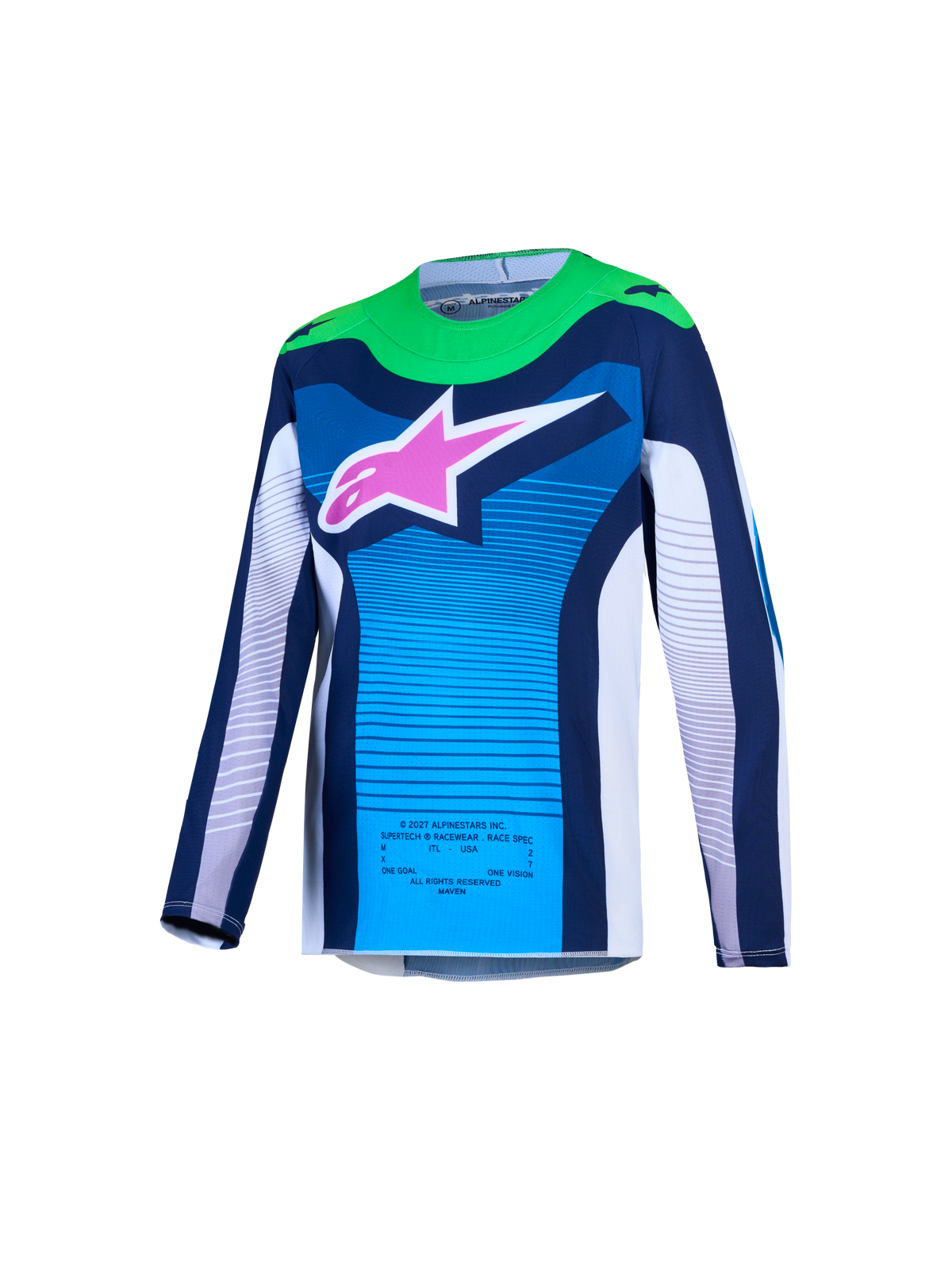 Alpinestars Youth Supertech Maven Jersey AND Gear Set, blue and white motocross jersey with green accents and pink star logo.