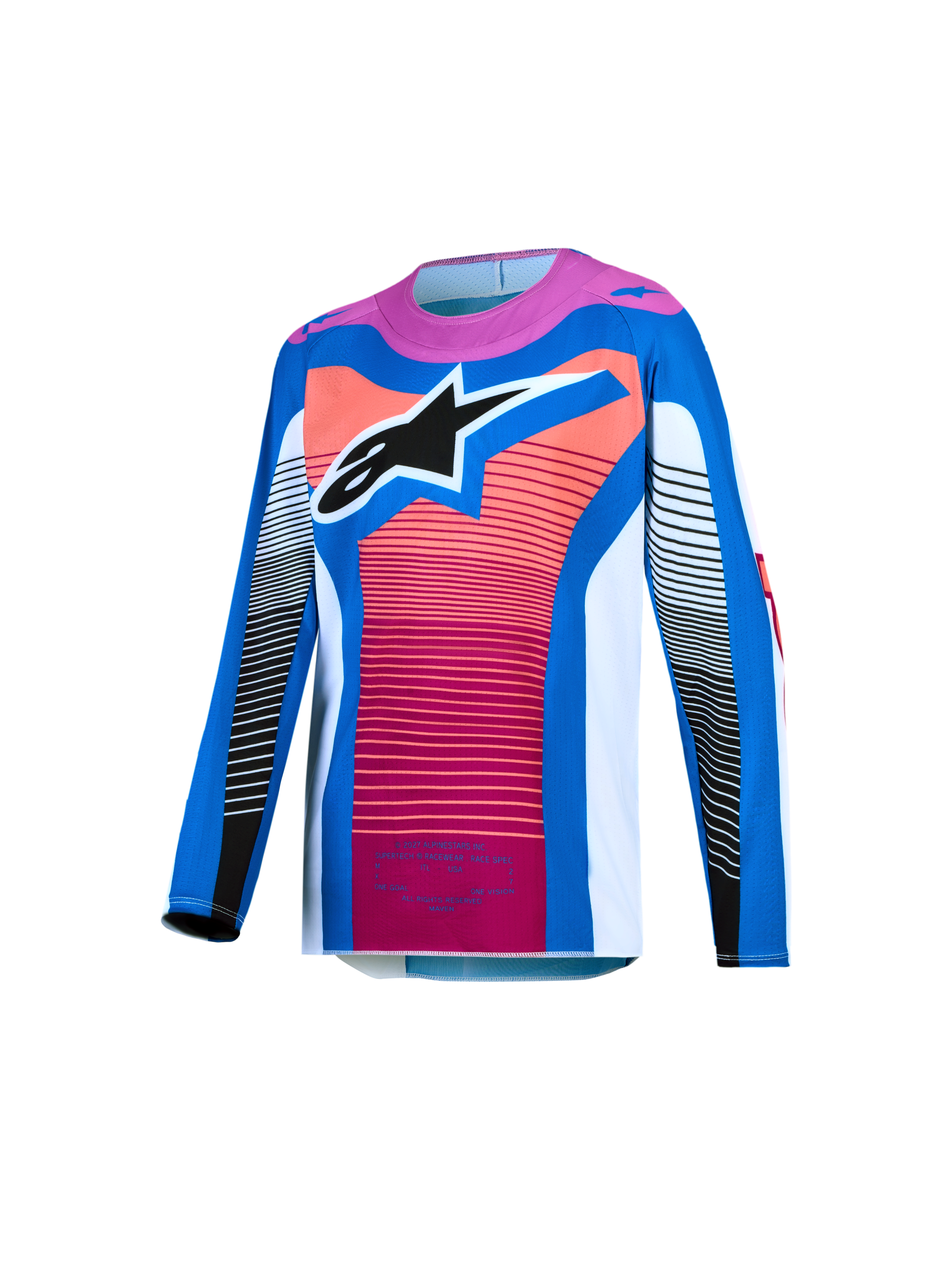Alpinestars maglia Supertech Maven Ragazzo 2027, maglia da motocross blu e arancione corallo, mesh con logo Astars.