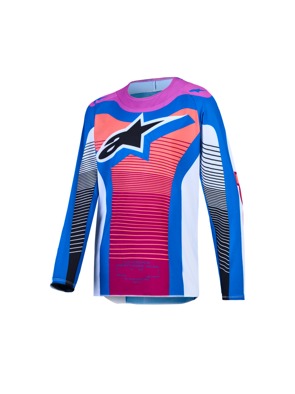 Alpinestars Maglia Supertech Maven ragazzo, maglia da motocross blu e corallo, mesh ventilato con logo Astars nero.