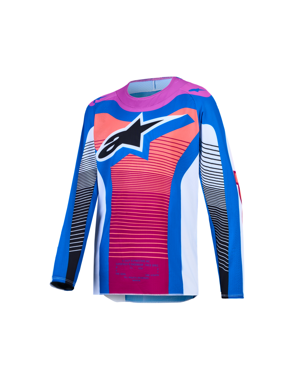 Alpinestars Youth Supertech Maven Jersey, Motocross Racing, Blithe Blue and Hot Coral, ventilated mesh with black star logo.