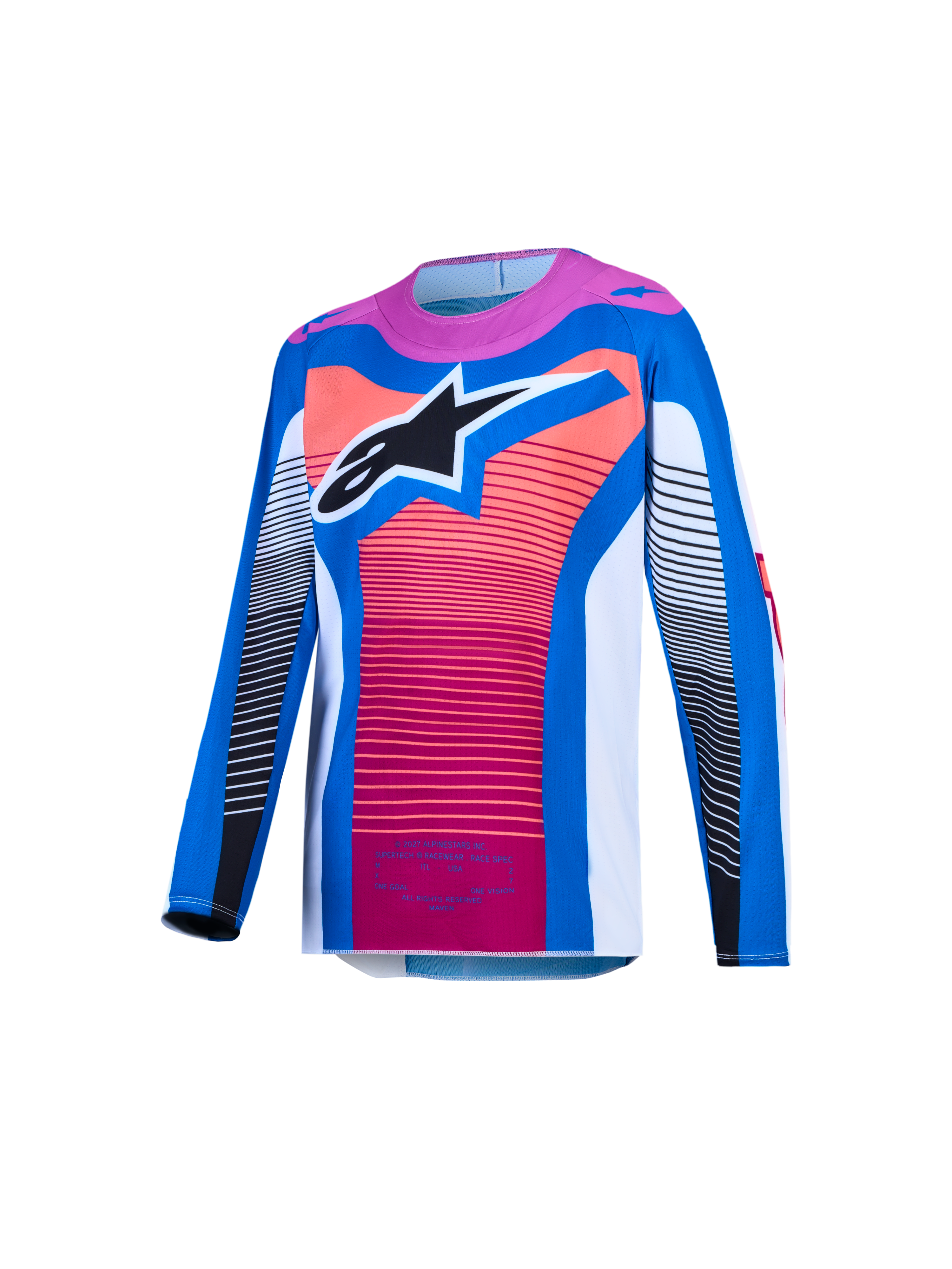 Alpinestars Maglia Supertech Maven ragazzo, maglia da motocross blu e corallo, mesh ventilato con logo Astars nero.