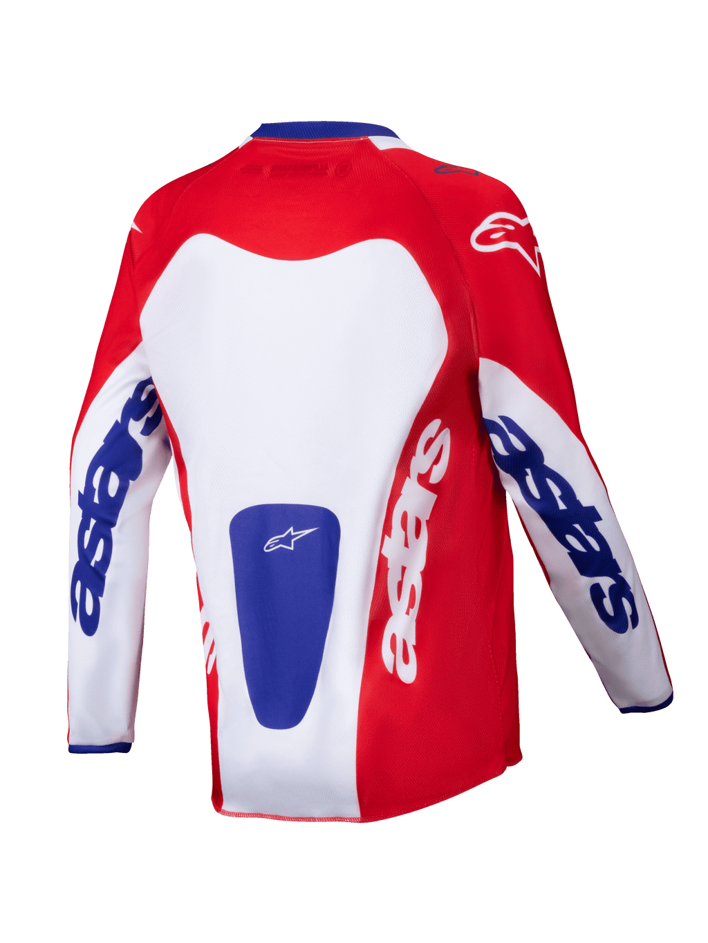 Alpinestars Youth Racer Veil Jersey 2025, maglia da motocross, rosso acceso e bianco con accenti blu, vista posteriore con evidente branding 'astars' su maniche e schiena, progettata per prestazioni off-road per ragazzi