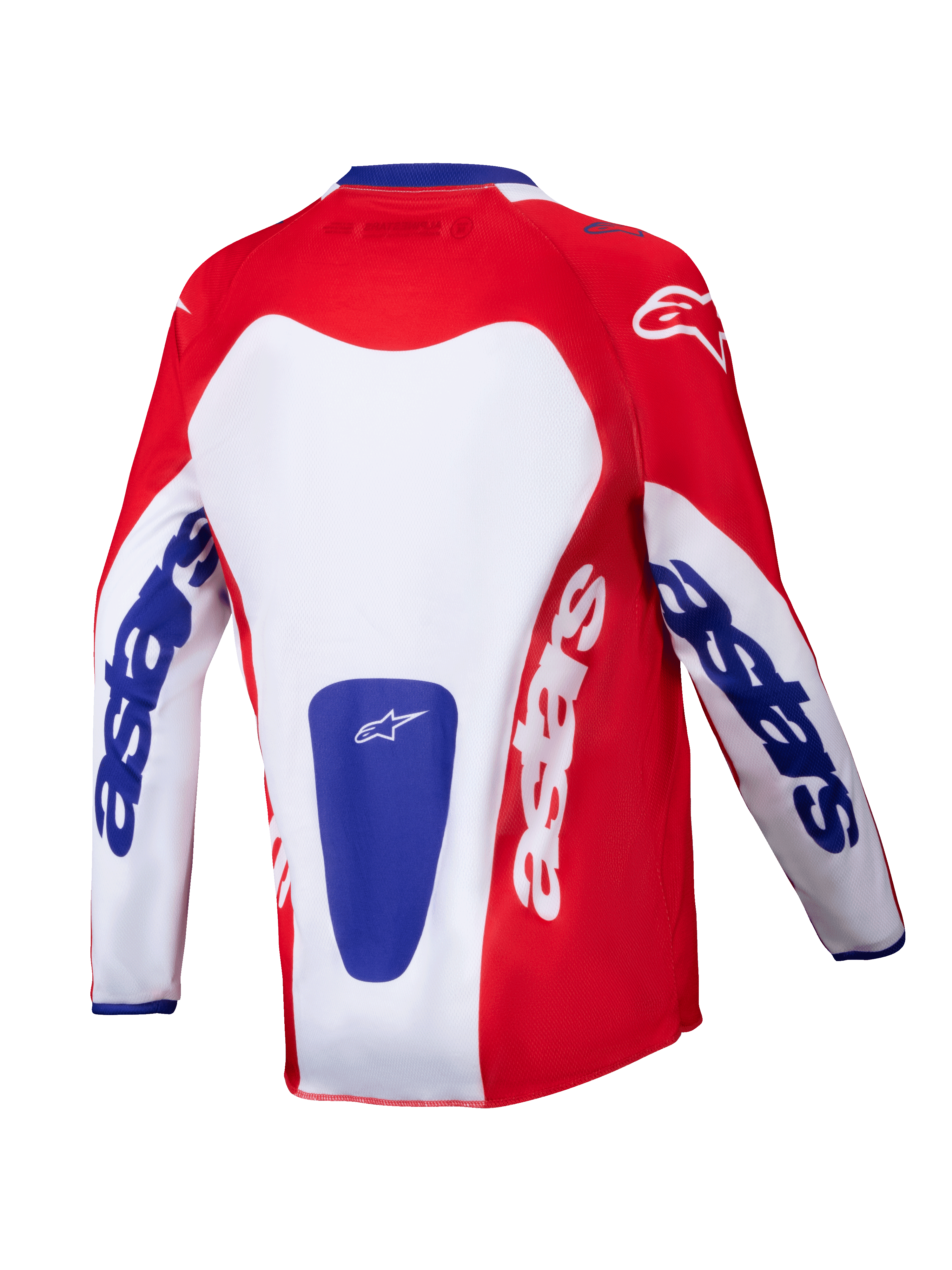Alpinestars Youth Racer Veil Jersey 2025, maglia da motocross, rosso acceso e bianco con accenti blu, vista posteriore con evidente branding 'astars' su maniche e schiena, progettata per prestazioni off-road per ragazzi
