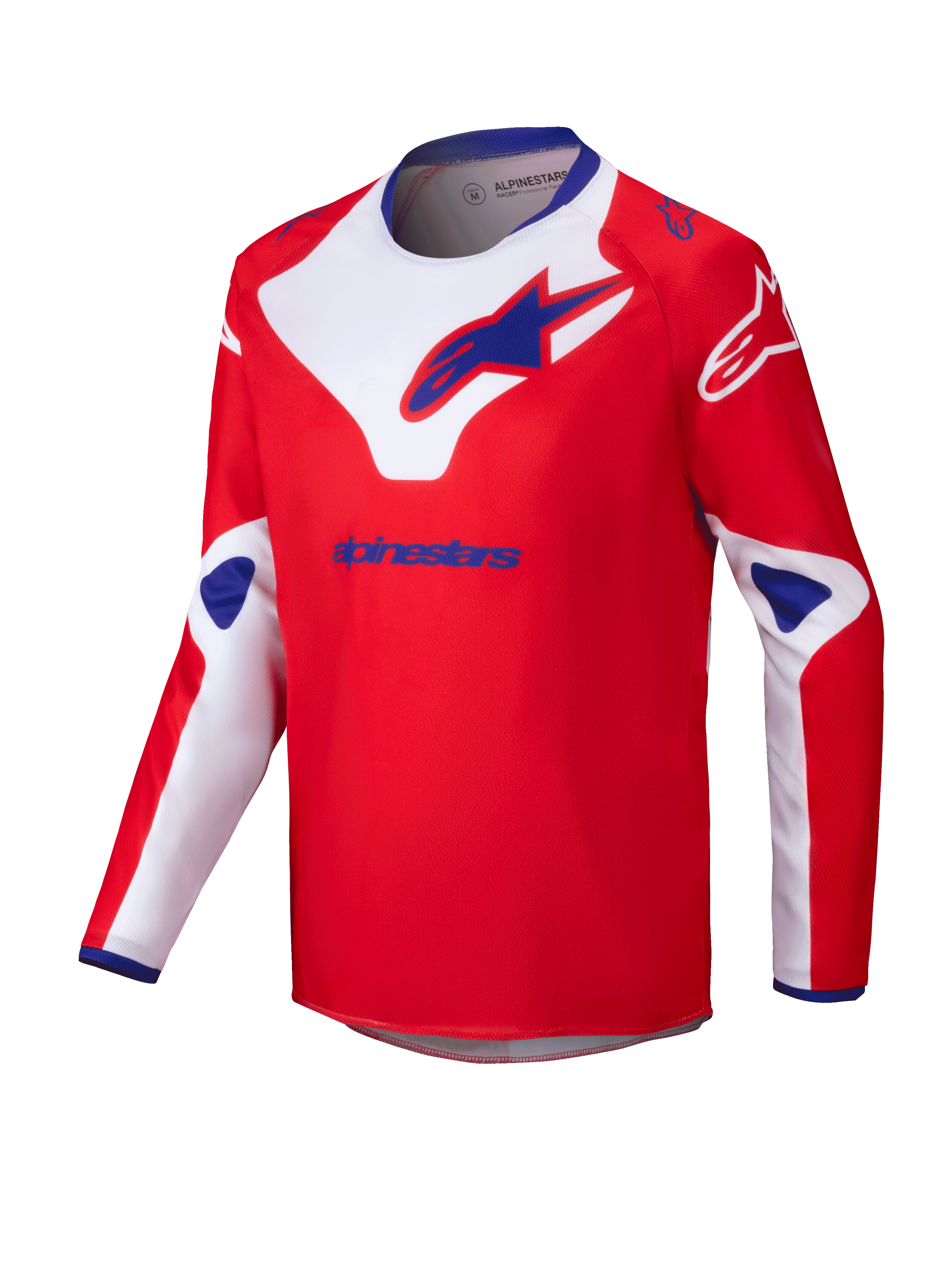 Alpinestars 2025 Youth Racer Veil Jersey, maglia da motocross, rosso con accenti bianchi e blu, tessuto traspirante a maniche lunghe, grandi loghi Alpinestars sul petto e sulle spalle, colletto interno blu, abbigliamento tecnico per fuoristrada