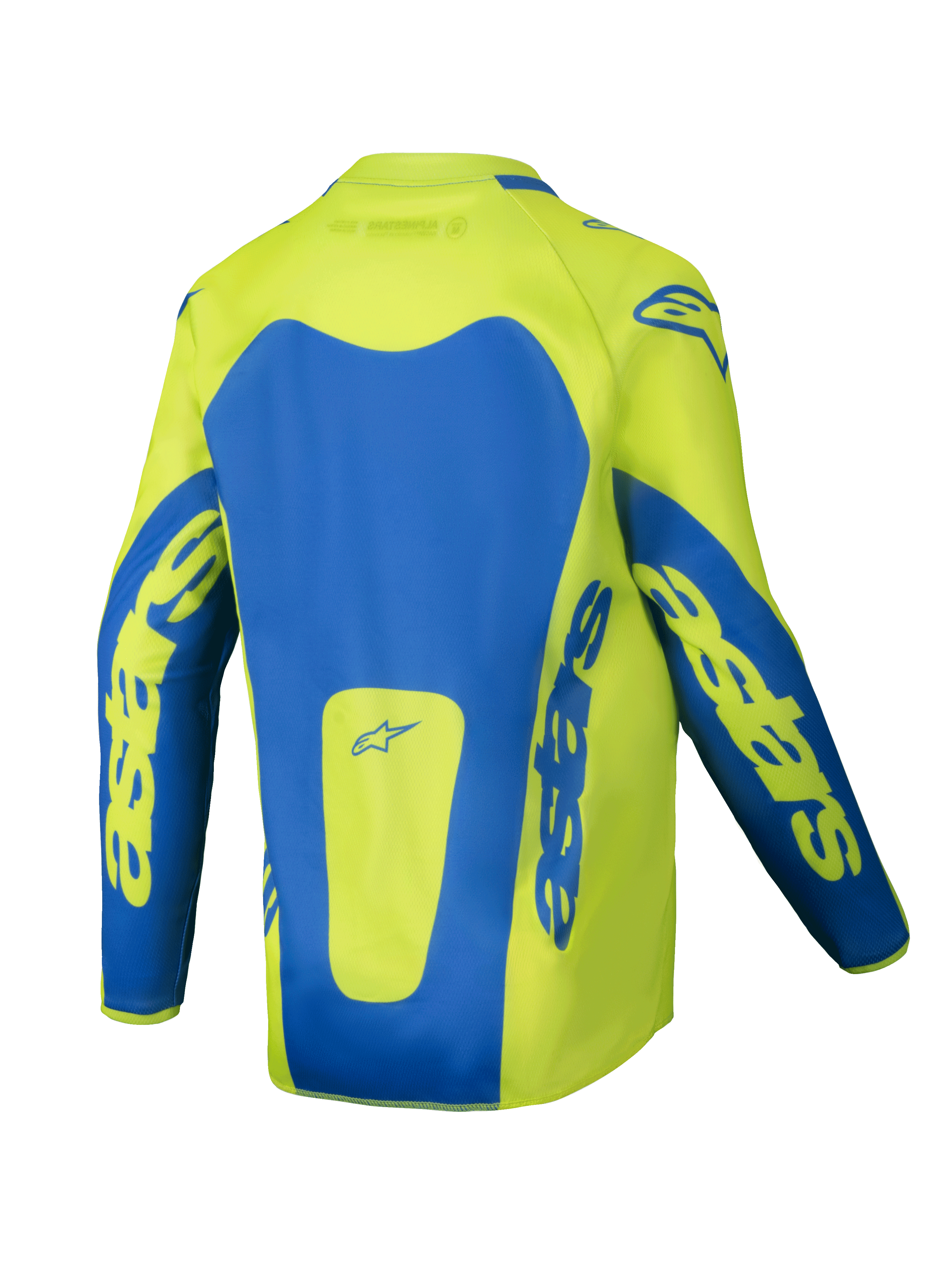 Alpinestars Maglia Youth Racer Veil 2025, maglia da motocross, giallo fluo e blu, vista posteriore con ampi pannelli blu e branding Astars sulle maniche, taglio posteriore allungato per maggiore copertura, tessuto leggero traspirante per corse fuoristrada