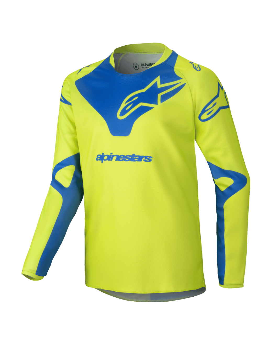 Alpinestars Youth Racer Veil Jersey 2025, maglia da motocross, giallo fluo e blu, maglia tecnica a maniche lunghe, logo Alpinestars blu su petto e spalle, tessuto leggero e traspirante per corse off-road